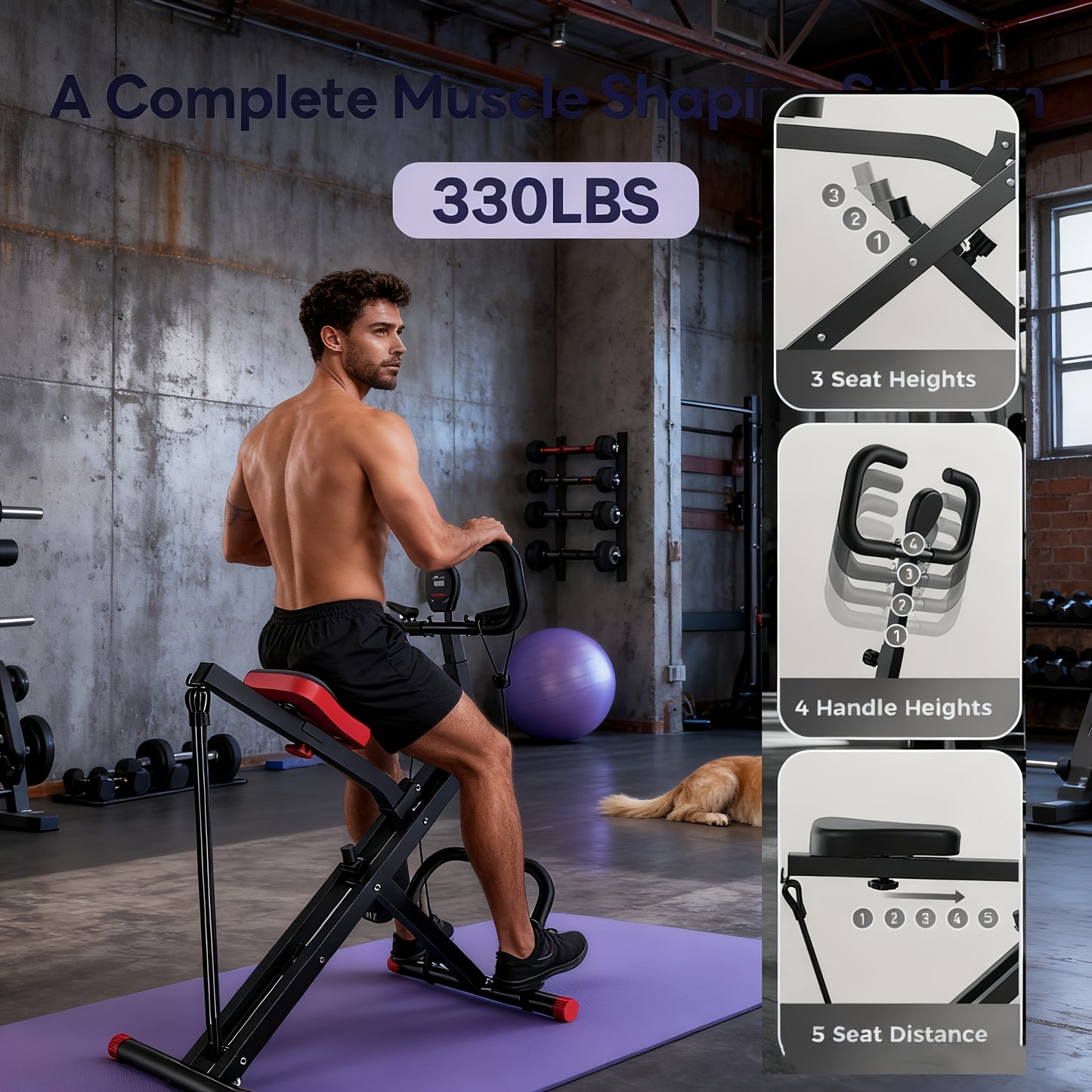 FEIERDUNSTYO Foldable Squat Rowing Machine - 3/4 Resistance Levels, Core & Legs, Easy Setup, Full-Body Workout, 330 LBS Load Capacity for Home Gym, 30°-120° Adjustable Squat Angles, Perfect for Birthday Christmas Gift