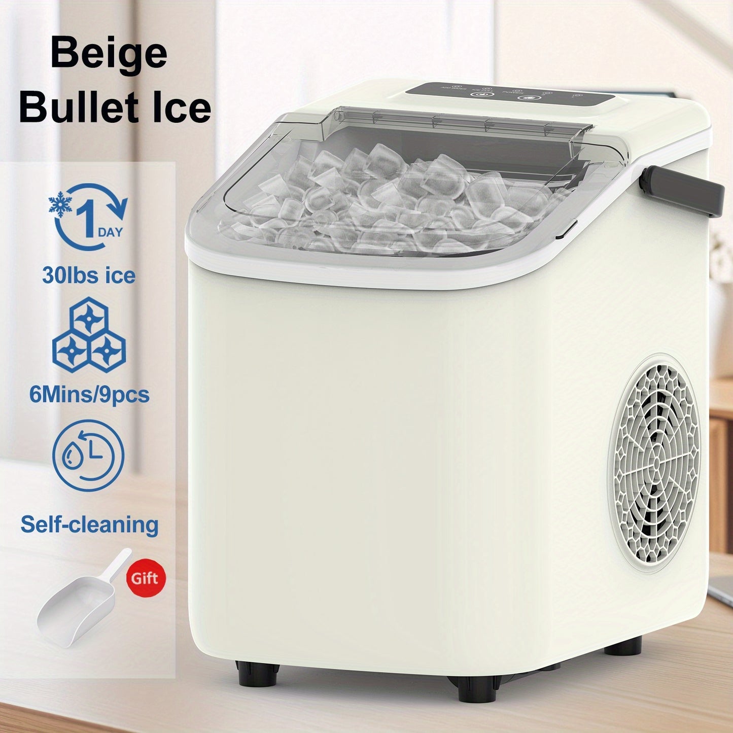 Ice Maker, with A Handle On The Countertop, Make 9 Bullet-shaped Ice Cubes In 6 Minutes, 24-hour Ice-making Capacity Of 26 Pounds, Equipped with An Automatic Cleaning Function, Comes with An Ice Basket And An Ice Scoop