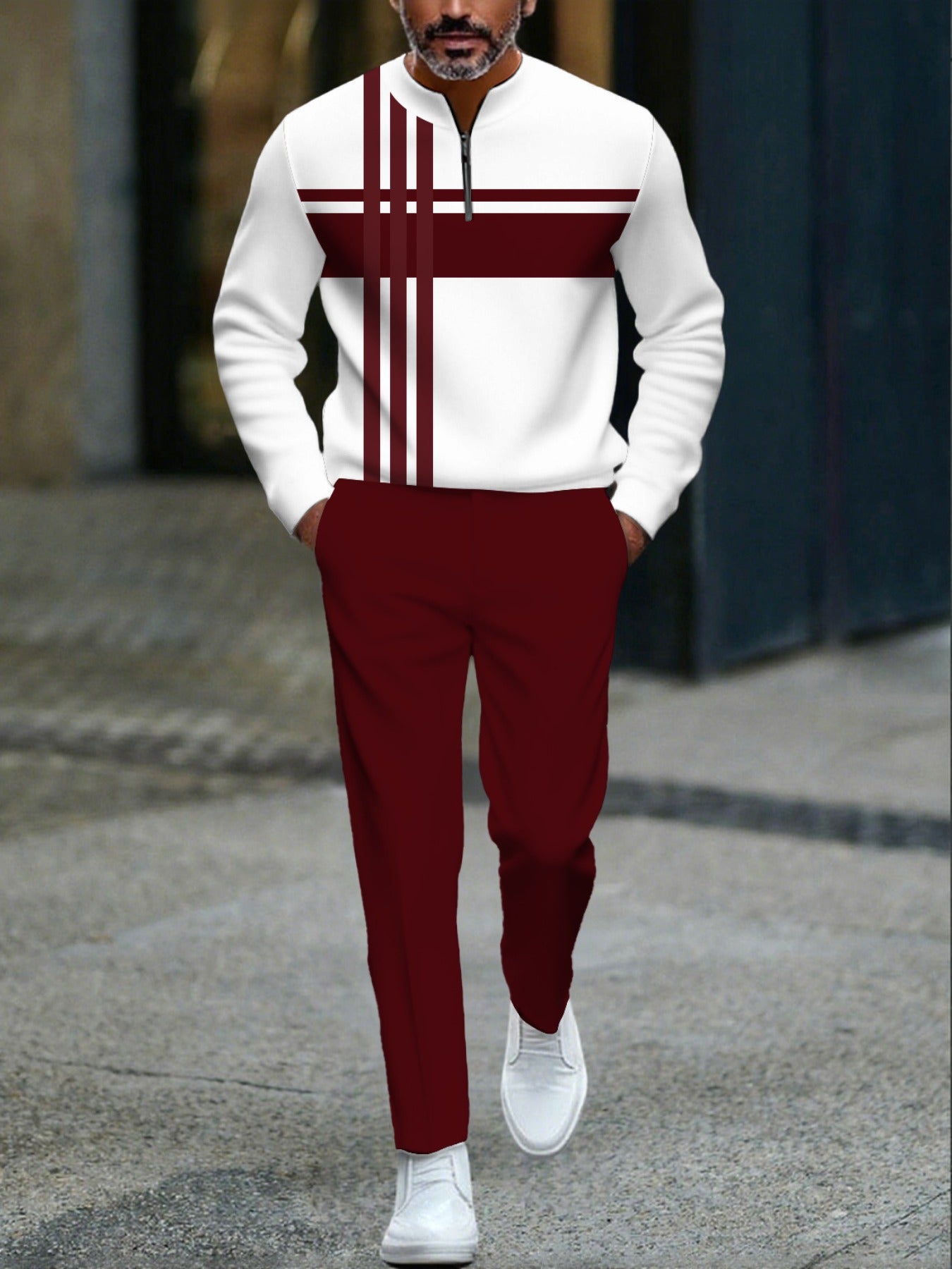 Men'S Two-Piece Tracksuit Set - Half-Zip Sweatsuit Outfit with Burgundy & Striped Pattern, Stand Collar Sportswear for Gym, Casual, Formal Events - Fall/Winter Clothing - Easy-Care Tracksuit Set for Everyday & Special Occasio