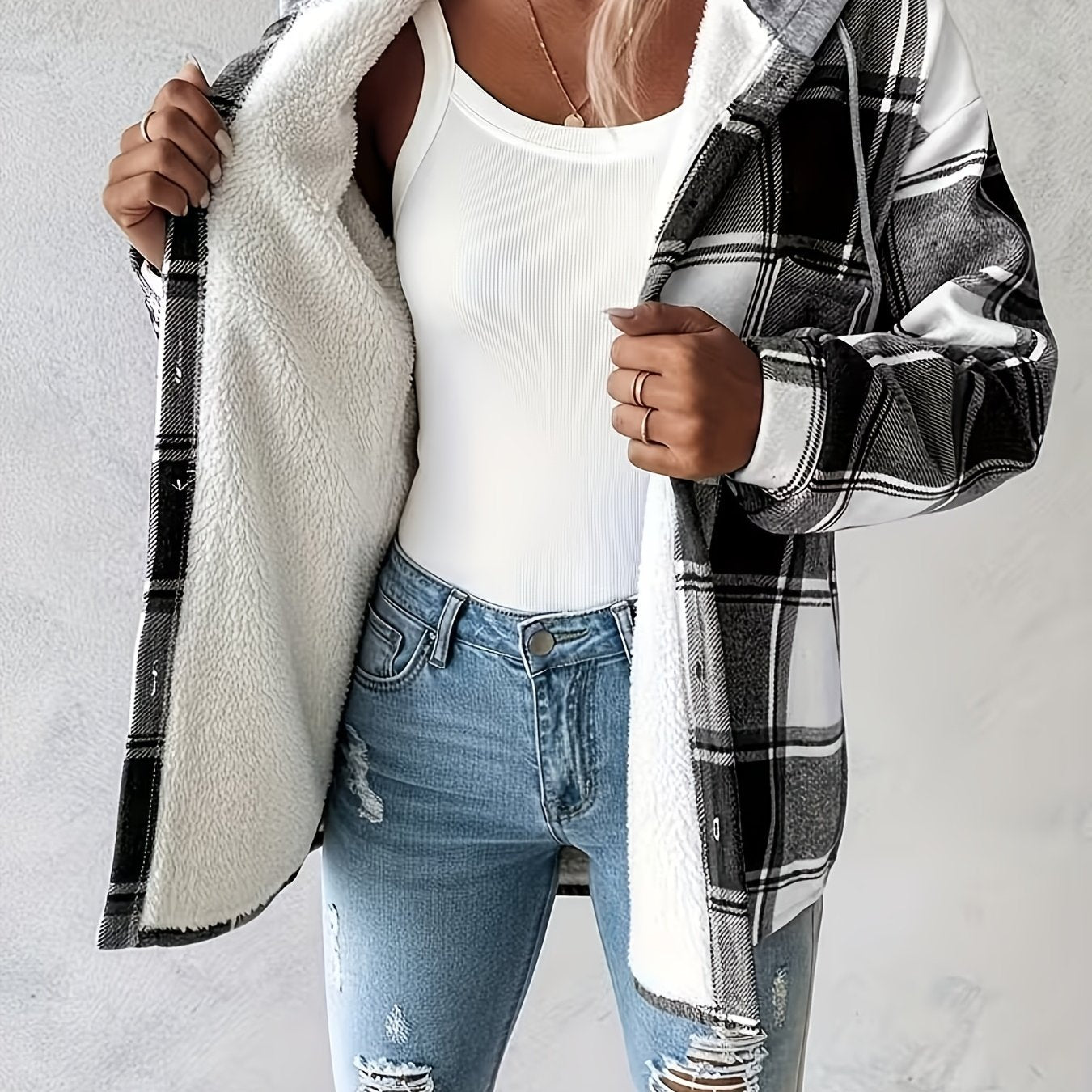 SCACTO Shacket Plaid Pattern Fleece-Lined Hooded Jacket