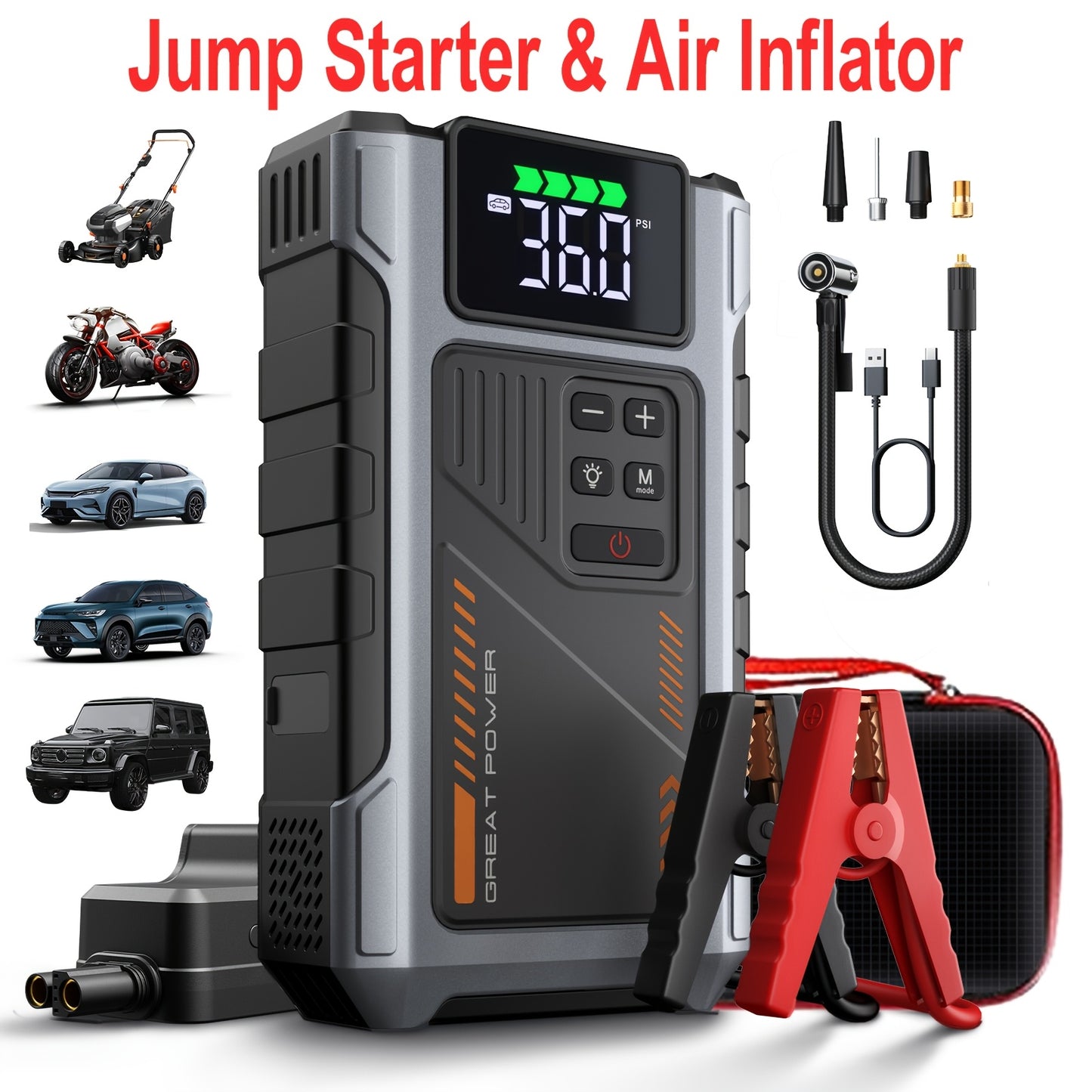 5000A Portable Wireless Car Air Compressor Jump Starter with Air Compressor, Battery Jump Starter Portable Peak, Car Battery Charger Portable For12V(8.0LGas/1.72gal Diesel) Start The Car Quickly, USB Input/output, LED Emergen