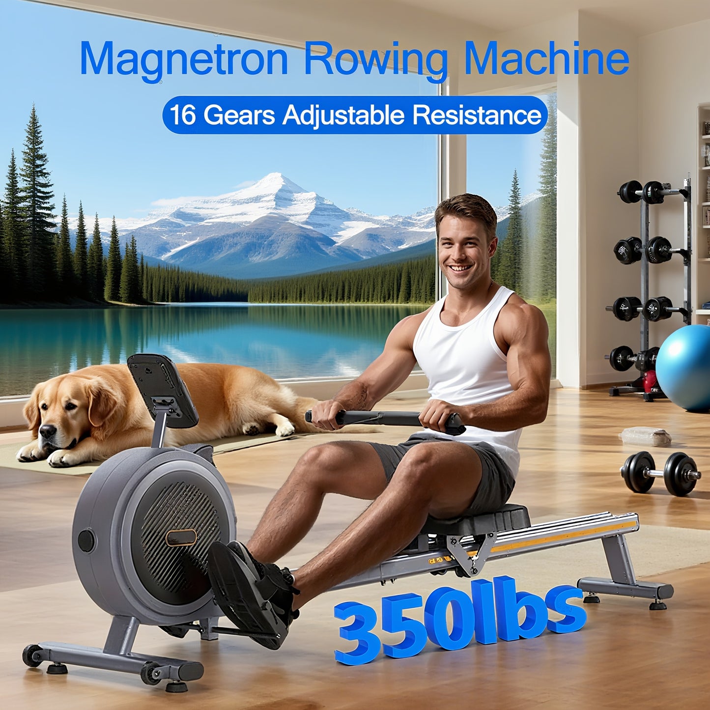 SRIFY Magnetic Squat & Rowing Machine - Heavy-Duty Home Gym Equipment with 16-Level Magnetic Resistance, 350lbs Capacity, Ergonomic Non-Slip Pedals & Smooth Gliding Rails, Squat & Rowing Machine for Full-Body Workouts, Tracki