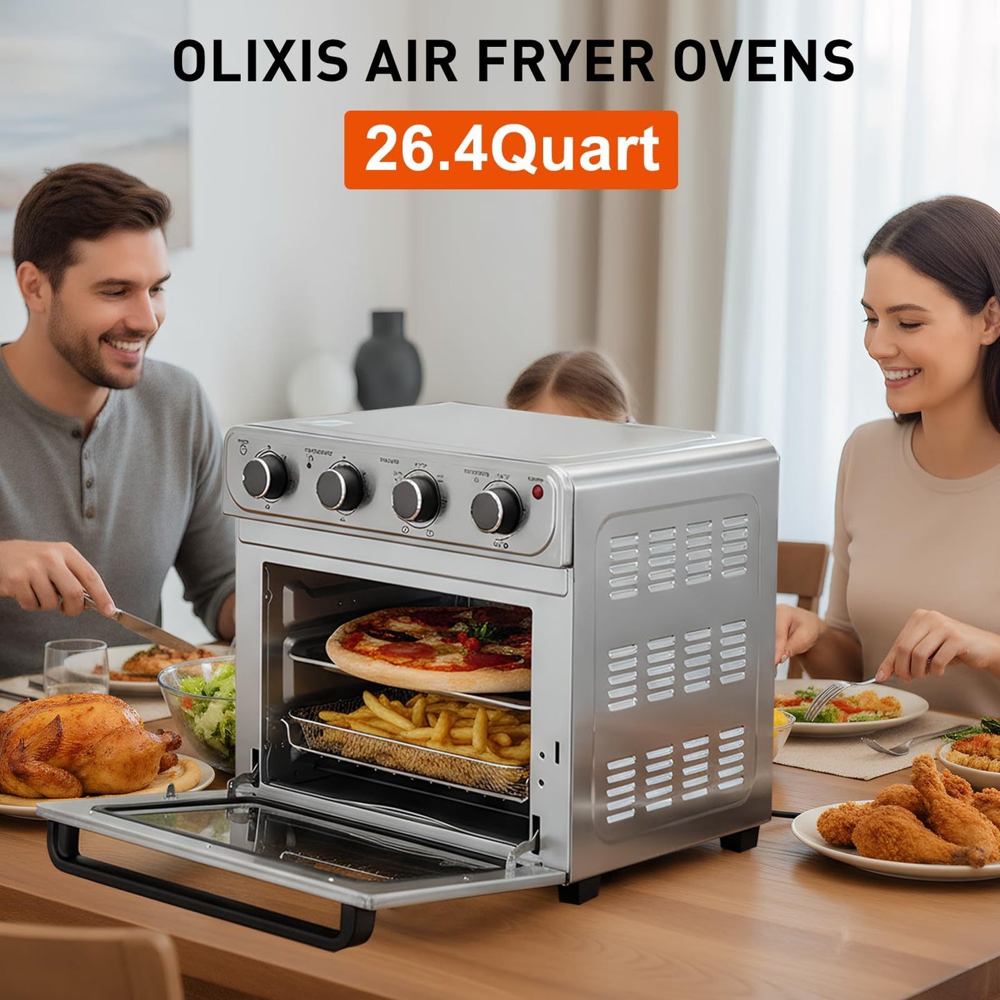 26.4QT Air Fryer 4-in-1 Convection Oven Countertop Stainless Steel Large Capacity 450°F High Temperature 4 Accessories