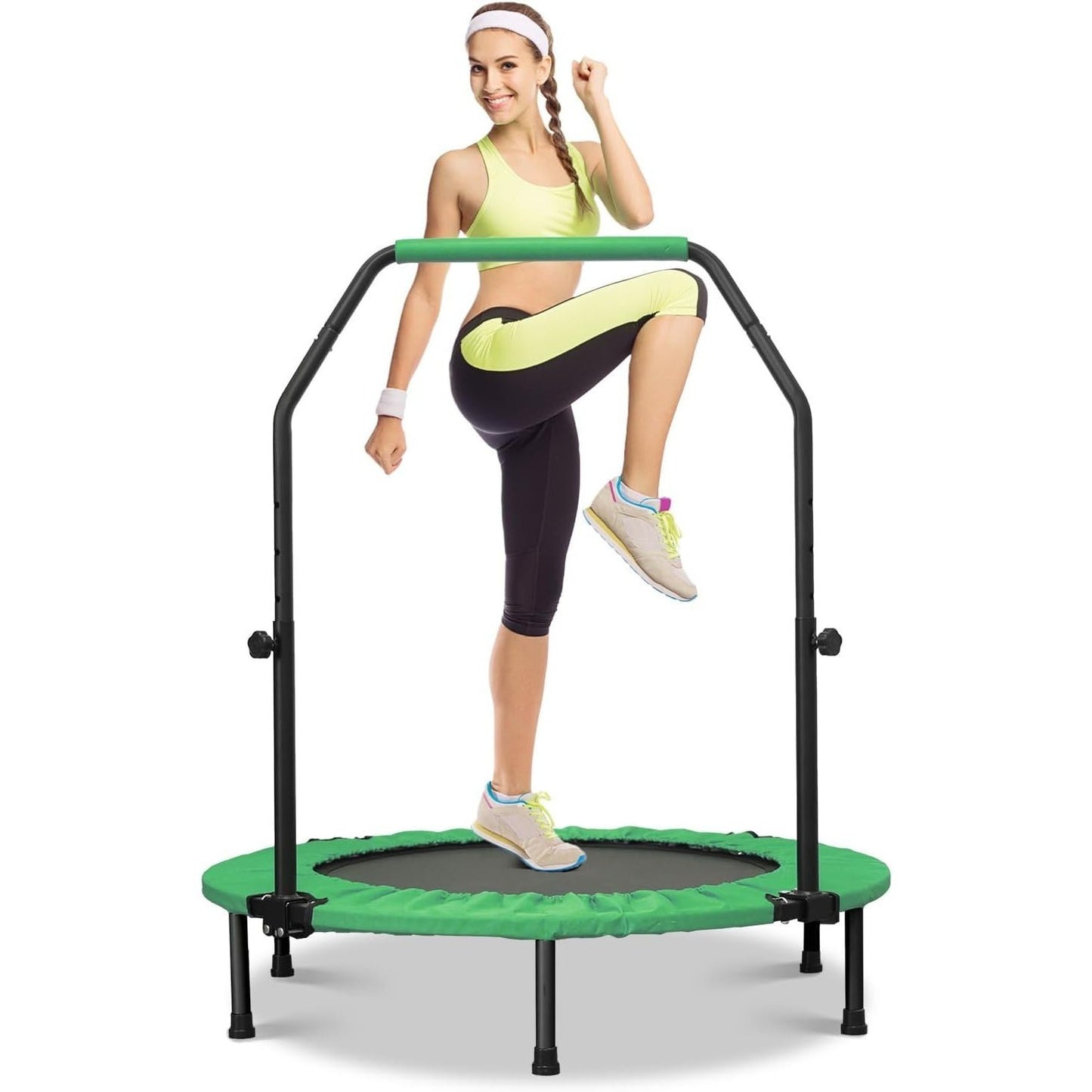 Foldable Mini Trampoline With Height-Adjustable Handle And Resistance Bands