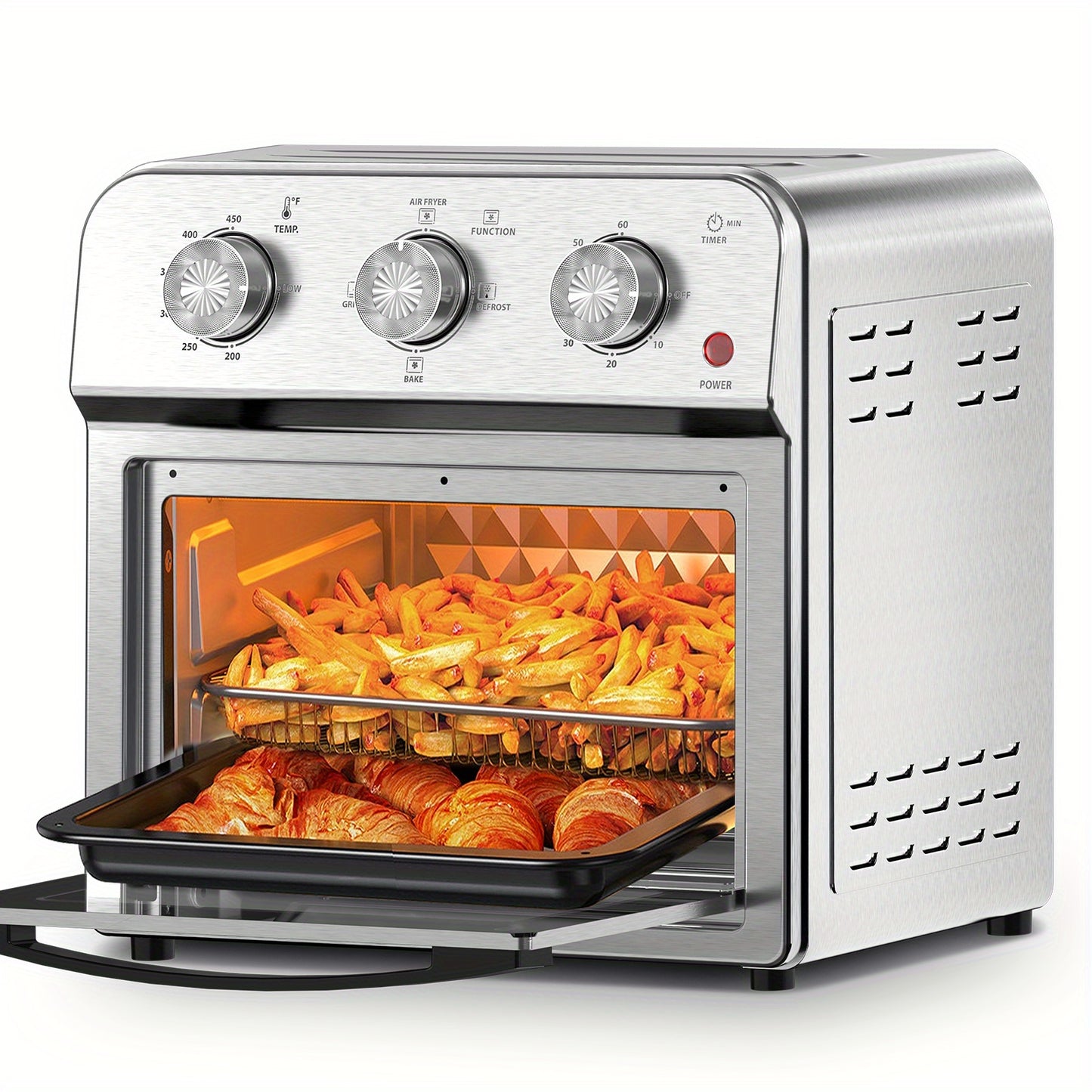 3.17gal Air Fryer Made of Stainless Steel, Featuring Dual Knob Controls, a 60-Minute Timer, And Pre-Set Options for French Fries, Pizza, Chicken, Fish, And Toast, Suitable for Family-Sized Meals.