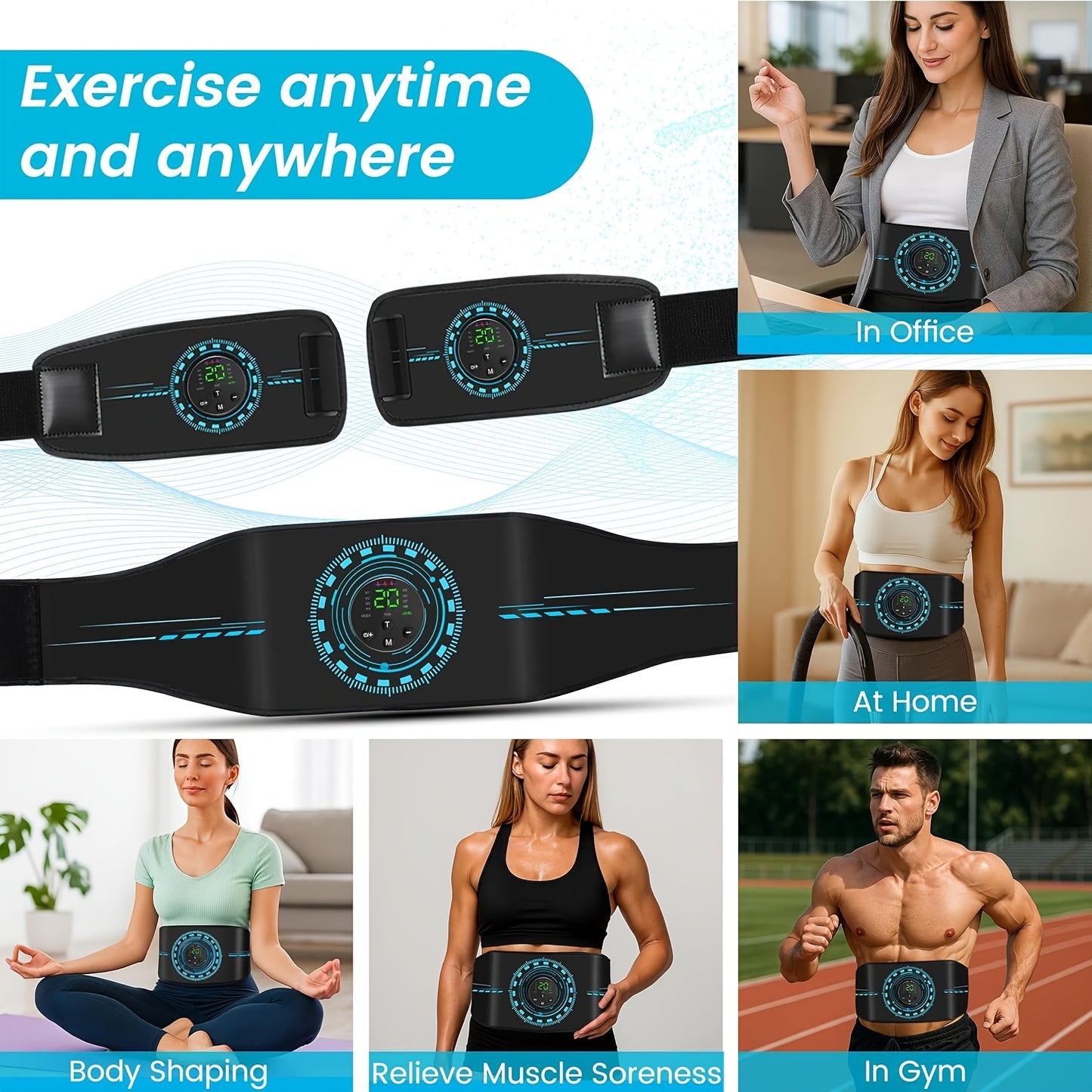 3-in-1 EMS Muscle Stimulator | 8 Modes & 20-Level Intensity, Toner Belt Abs Stimulator, Rechargeable Battery, USB Powered by MOOD LIGHT