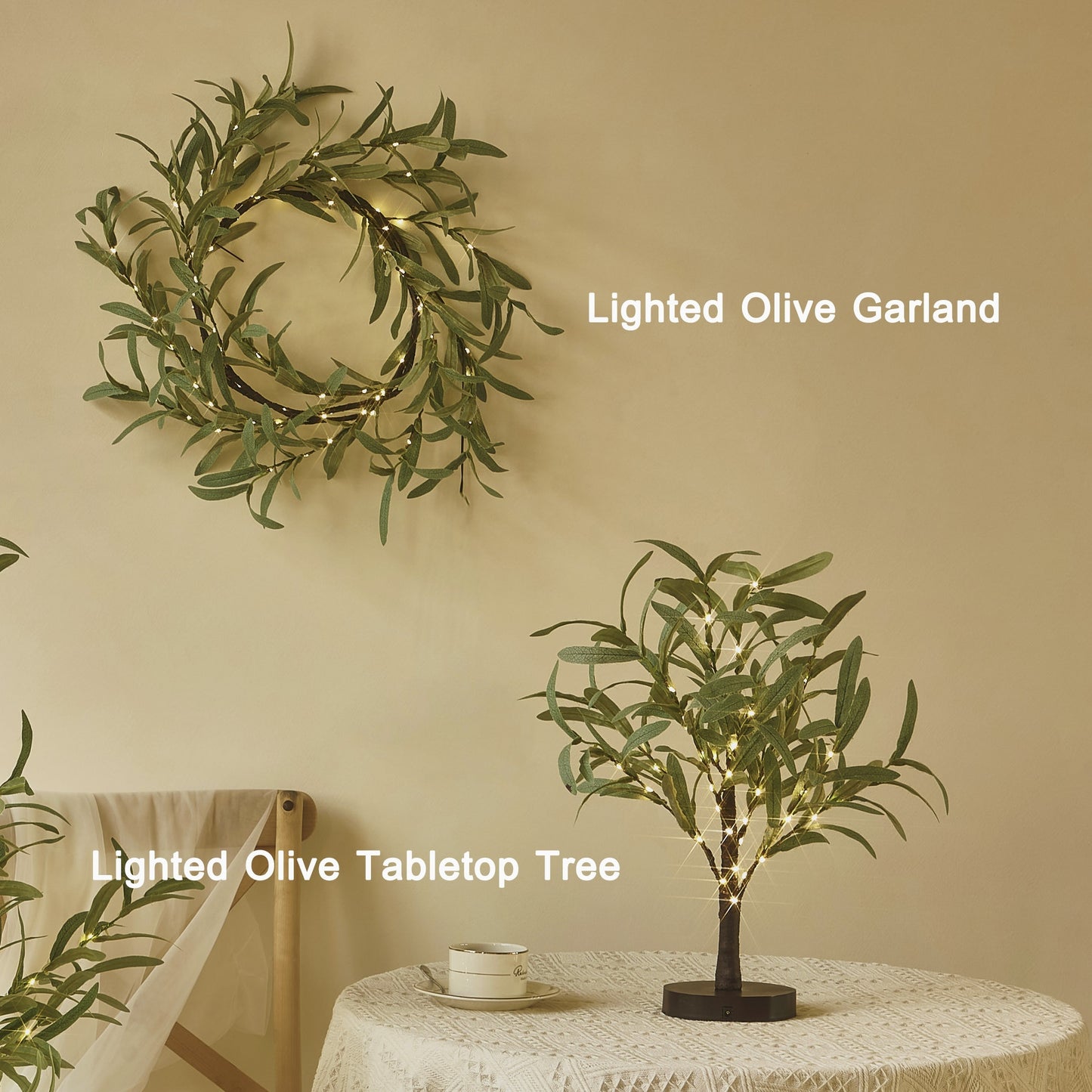 Lighted Artificial Olive Garland 6FT 96 LED Fairy Lights Battery Operated, Faux Vine Lights With Timer For Spring Christmas Holiday Fireplace Decor