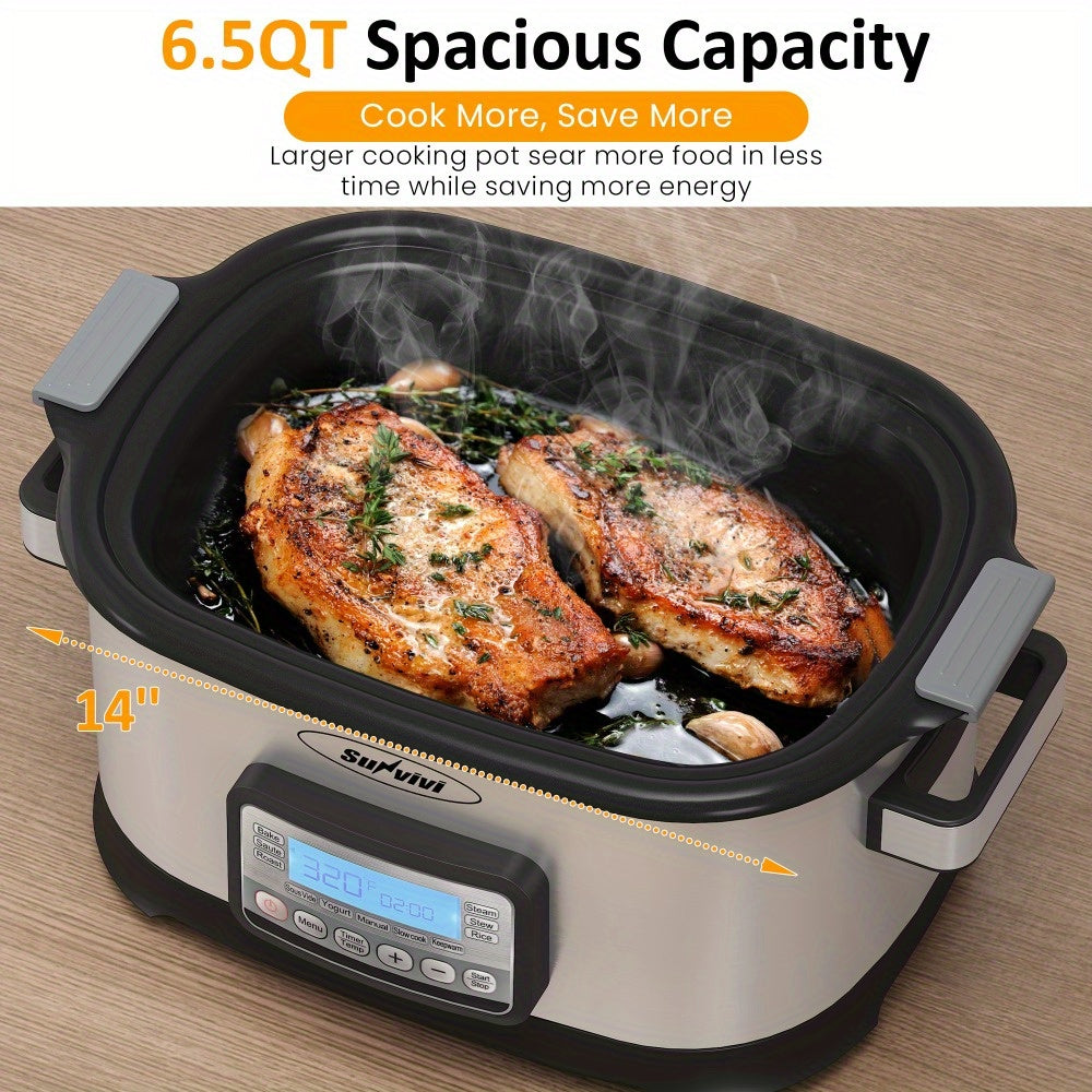 6.5QT 11-in-1 Silver Slow Cooker Digital Programmable Roaster Oven with Rack Nonstick Crock Glass Lid Timer Temp Control Delay Start for Spring Family Meals