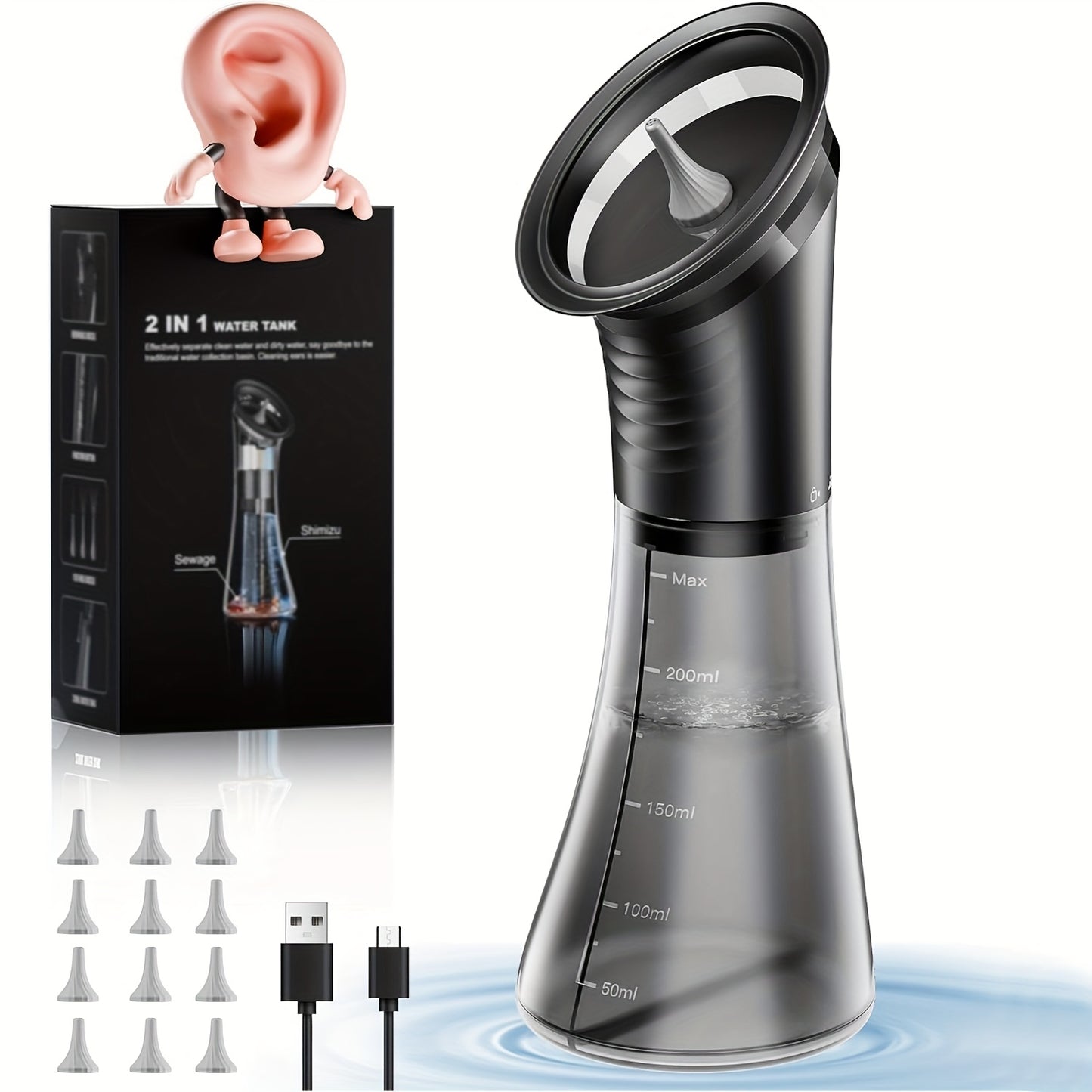 Electric Ear Wax Removal System Pro - -Grade Hydraulic Ear Cleaner Kit with 3-Speed Settings, USB- (Rechargeable), Water Temp Sensor & Visual Waste Tank | for home Ear Hygiene Care, Dry/Dirty Storage System