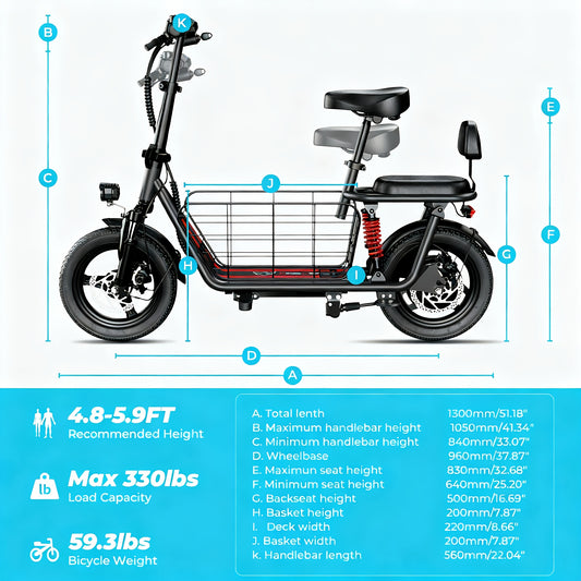 2-Seater Electric Scooter | 500W High-Speed Motor, 20MPH Top Speed, 25-Mile Range, 330LBS Load Capacity, Dual Suspension, LCD Display, 3-Speed Modes, Folding Design, Includes Free Basket, Adjustable Handlebar Height, Carbon S
