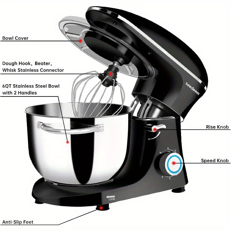 [Seedeem Electric Stand Mixer] Seedeem 6Qt Electric Stand Mixer, 660W 6-Speeds Tilt-Head with Dishwasher-Safe Dough Hook, Wire Whip & Beater for Daily Use, Black
