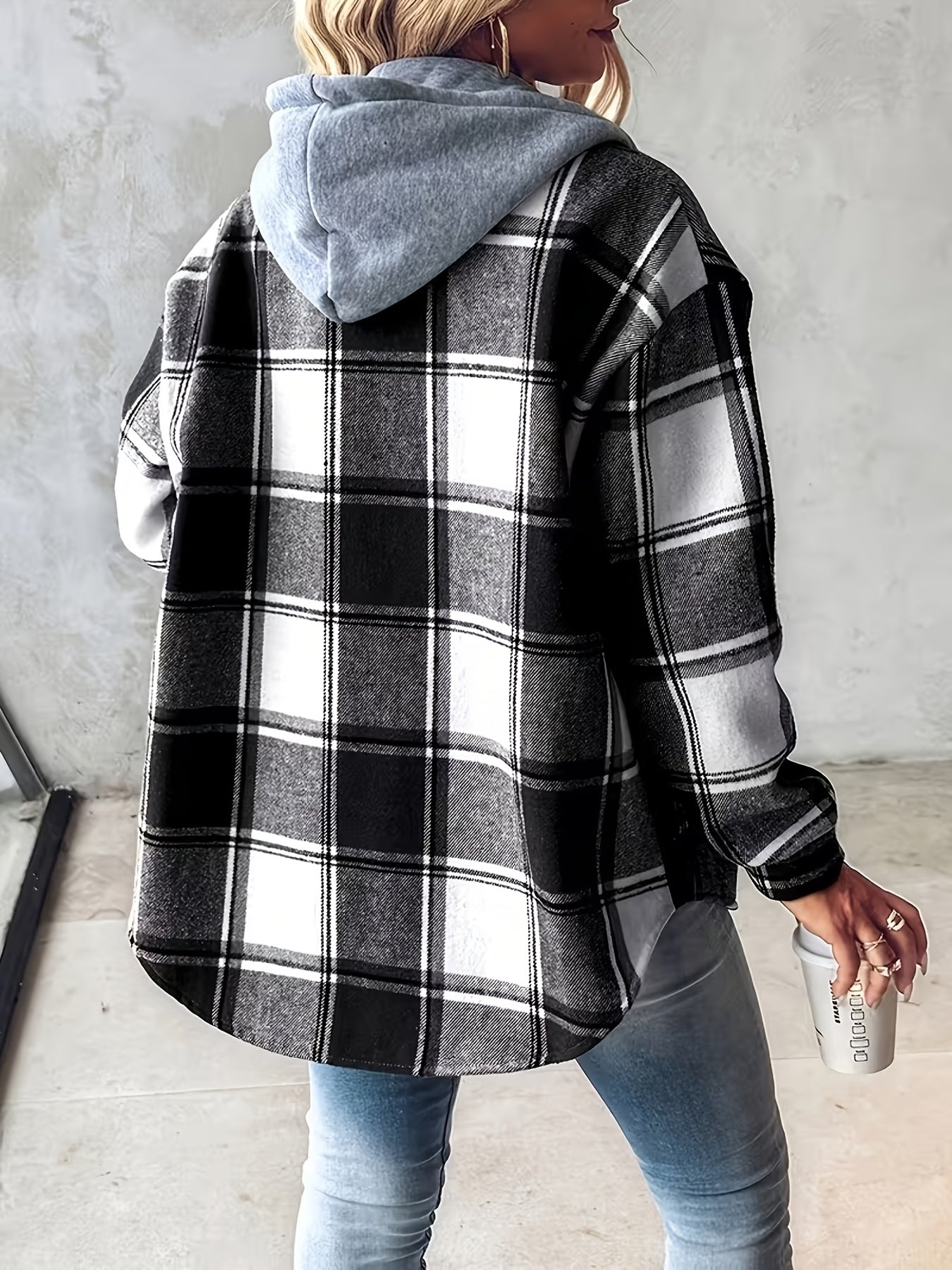 SCACTO Shacket Plaid Pattern Fleece-Lined Hooded Jacket