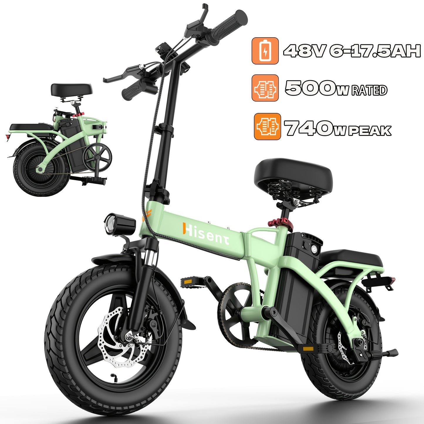 Hisent Adult Folding Electric Bike | 500W Rated, 740W Brushless Motor, 48V 6Ah/10Ah/15Ah/17.5Ah Lithium Battery, 8-32 Miles Range, 14 High-quality Tires, Alloy Steel Frame, LCD Display, Front and Rear