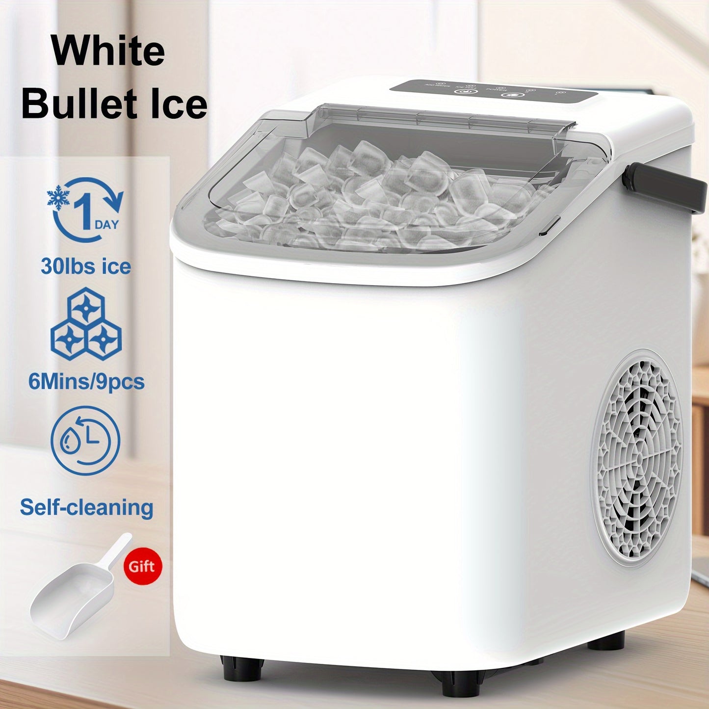 Ice Maker, with A Handle On The Countertop, Make 9 Bullet-shaped Ice Cubes In 6 Minutes, 24-hour Ice-making Capacity Of 26 Pounds, Equipped with An Automatic Cleaning Function, Comes with An Ice Basket And An Ice Scoop