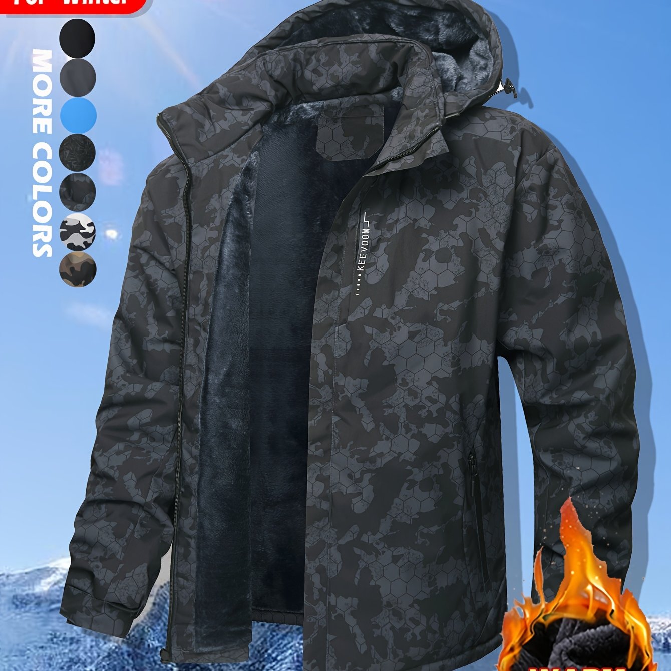 Keevoom Coat Hooded Fleece-Lined Winter Water-Resistant