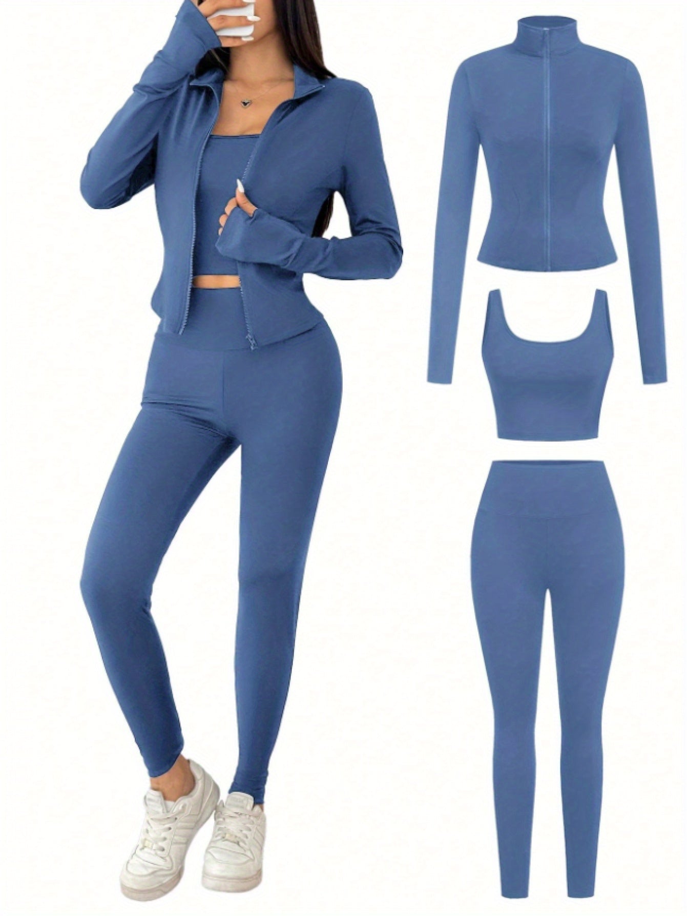 Yoga Set Zip-Up Cardigan, Camisole And Leggings Polyester Blend