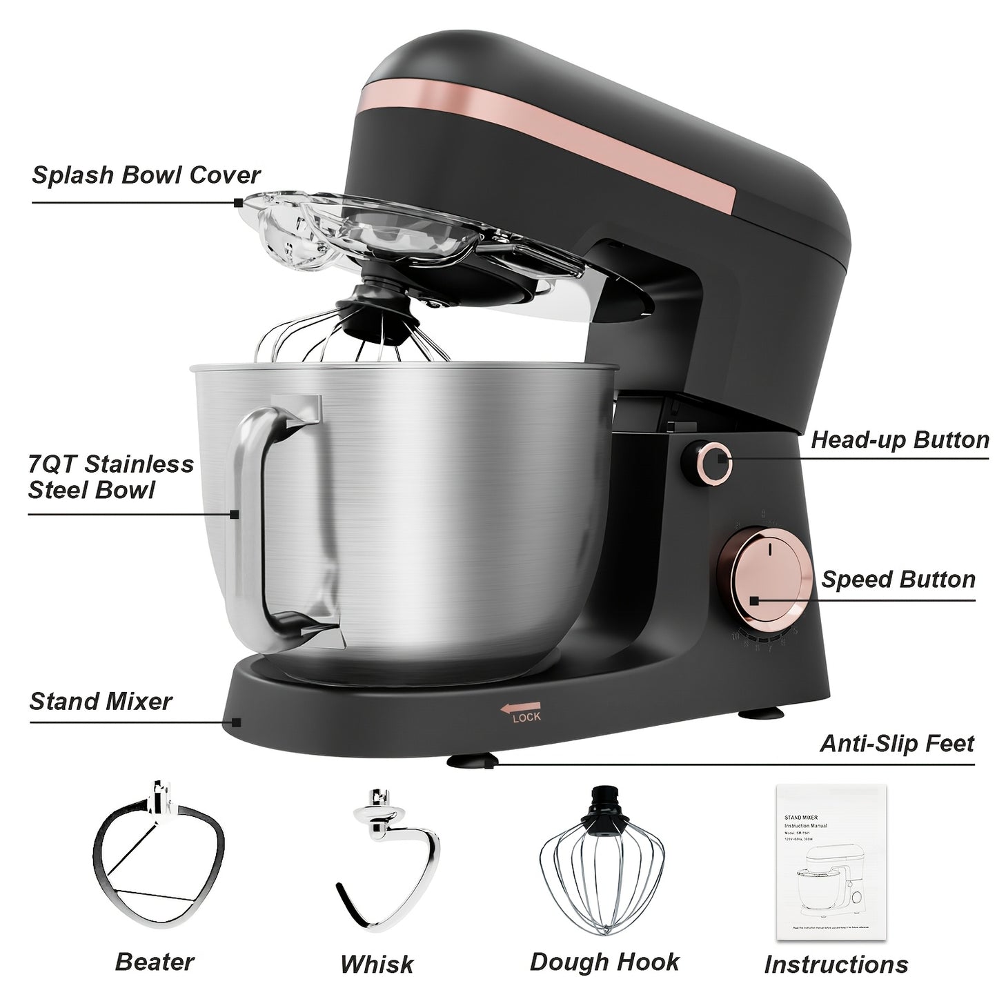 7QT Stand Mixer, 10+P Speeds Powerful Electric Kitchen Mixer With Dough Hook, Beater, Whisk And Splash Guard With Pour Spout, Food Mixer For Baking, Cooking