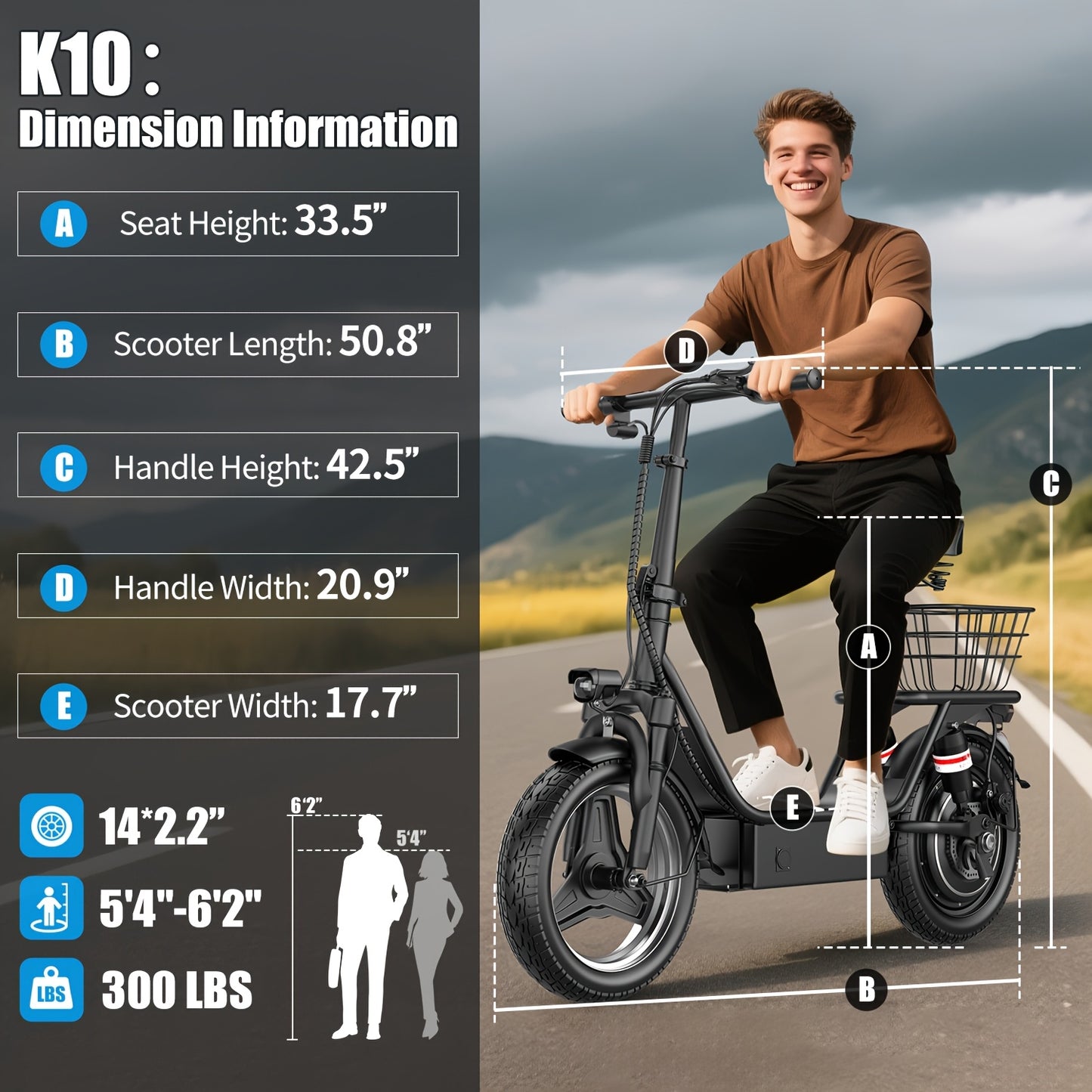 Electric Scooter for Adults Featuring a 650W/350W Peak Motor, Capable of Covering Distances of 21 to 30 Miles. It Includes a Seat, Box, And Basket, Along with Disc Brakes. The Scooter Operates on a 48V 15A Or 36V 7.5A System