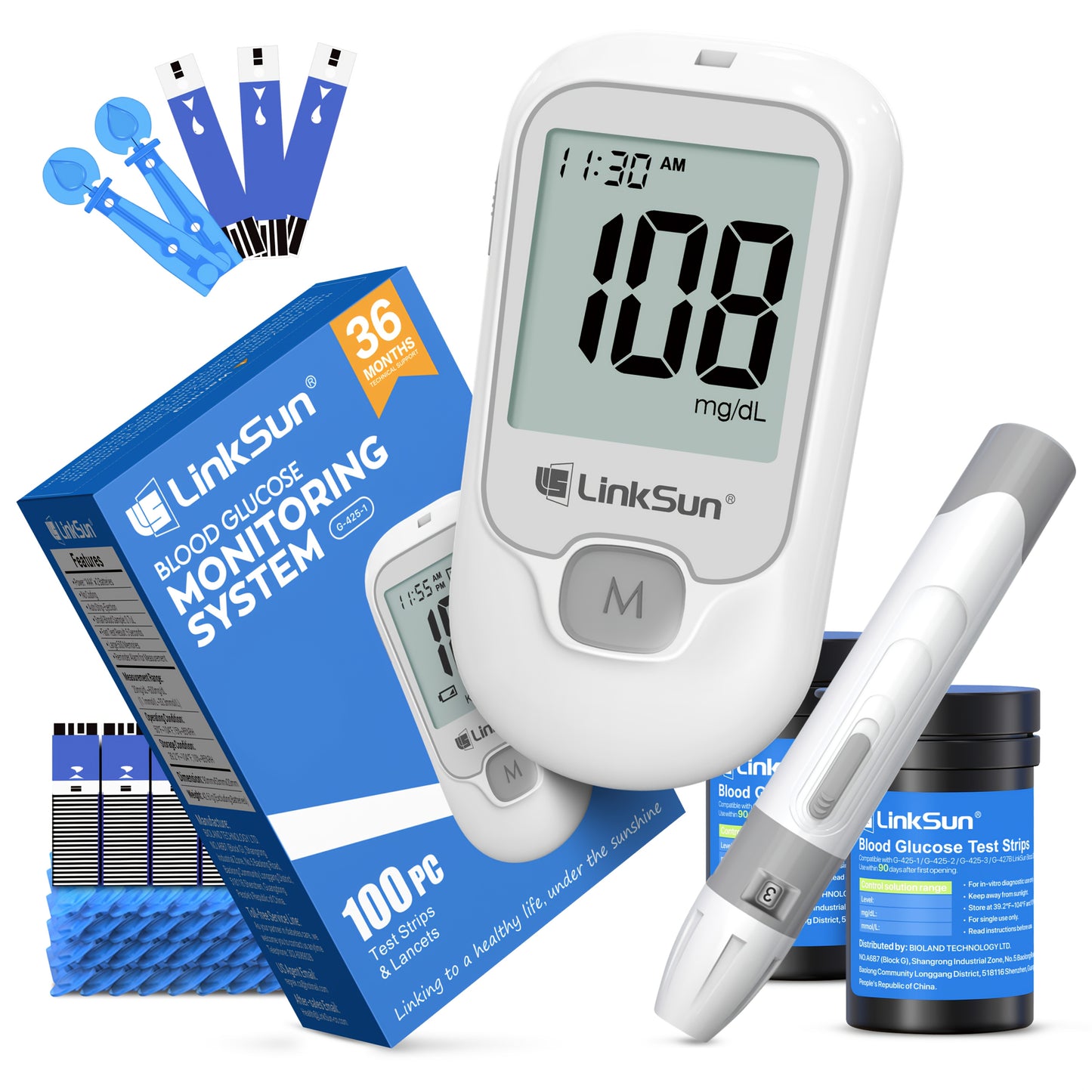 LINKSUN Blood Glucose Monitor Kit With 100 Strips And Lancets