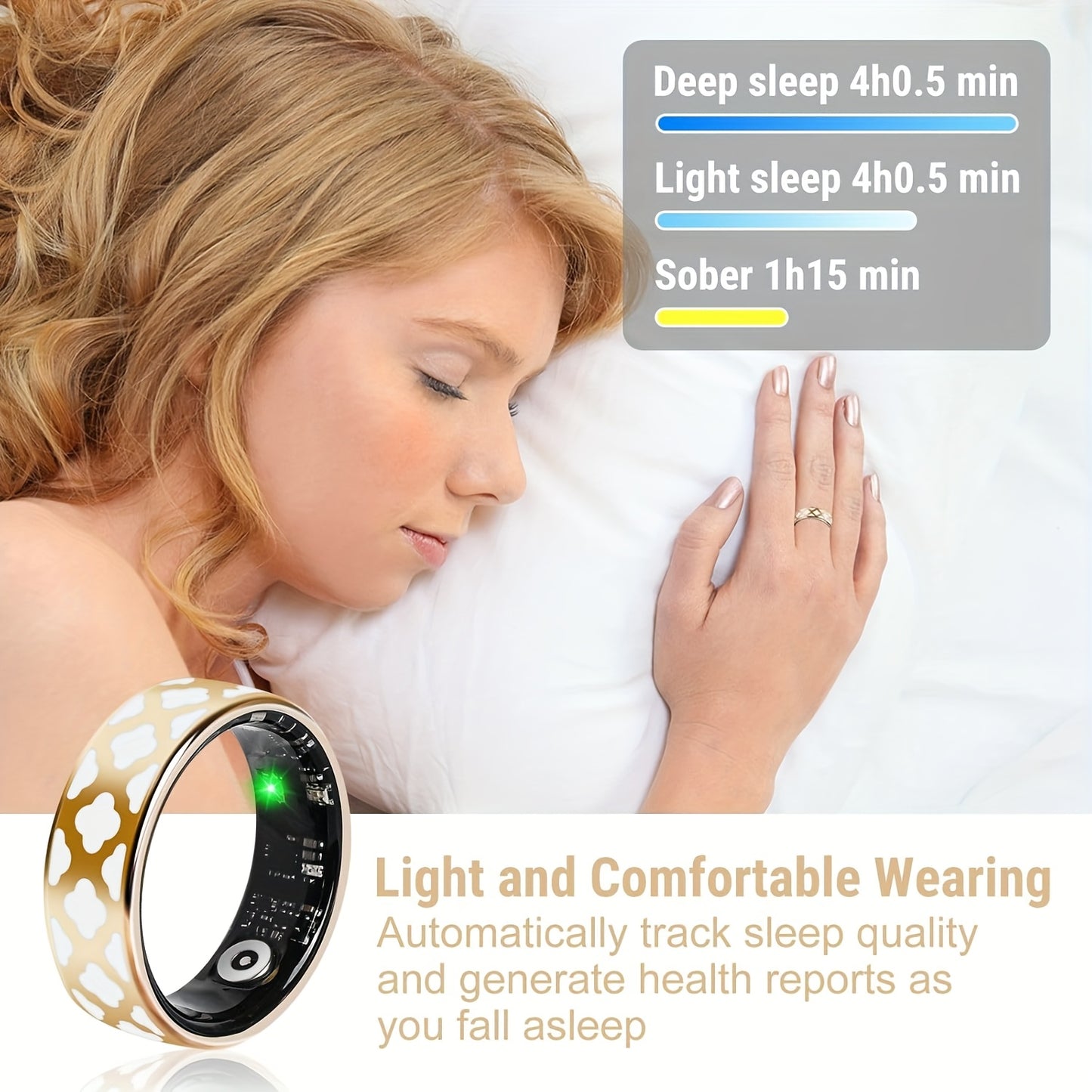Ring Designed for Women, Featuring 5ATM Waterproof Capabilities, Tracks Activities, Stress Levels, Sleep Patterns, Menstrual Cycles, Steps Taken, Distance Traveled, And Calories Burned. This Health Tracker Is Compatible with