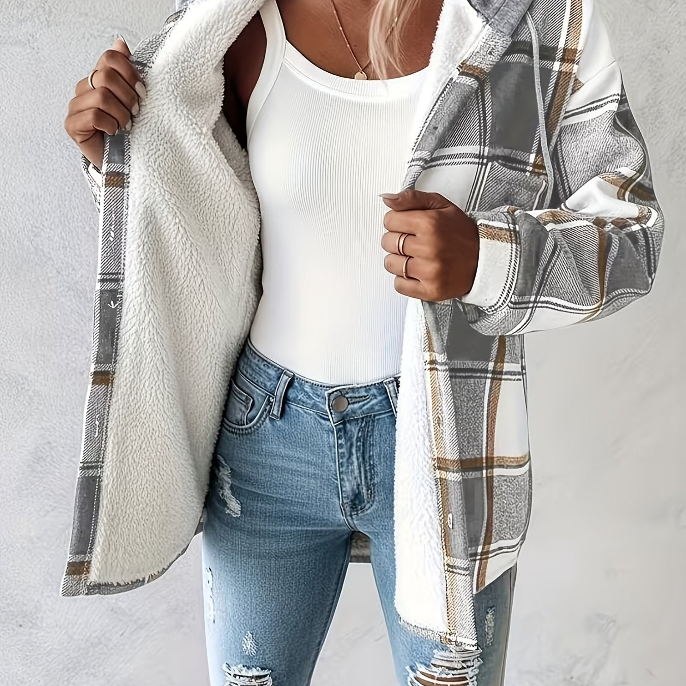 SCACTO Shacket Plaid Pattern Fleece-Lined Hooded Jacket