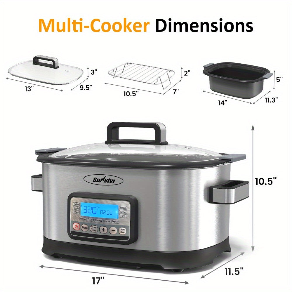 6.5QT 11-in-1 Silver Slow Cooker Digital Programmable Roaster Oven with Rack Nonstick Crock Glass Lid Timer Temp Control Delay Start for Spring Family Meals