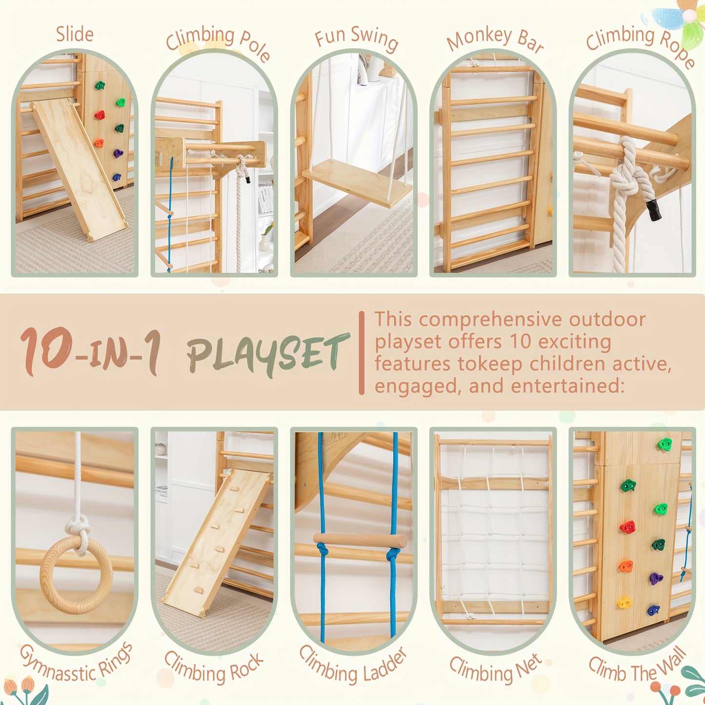 10-in-1 Solid Wood Swedish Ladder Wall Gym - All-in-One Kids & Adult Climbing Frame with Rock Wall, Gymnastics Rings, Pull-Up Bars, Slide, Swing Set | Indoor/for home Playground Equipment, Easy Assembly, Space-Saving Multi- A