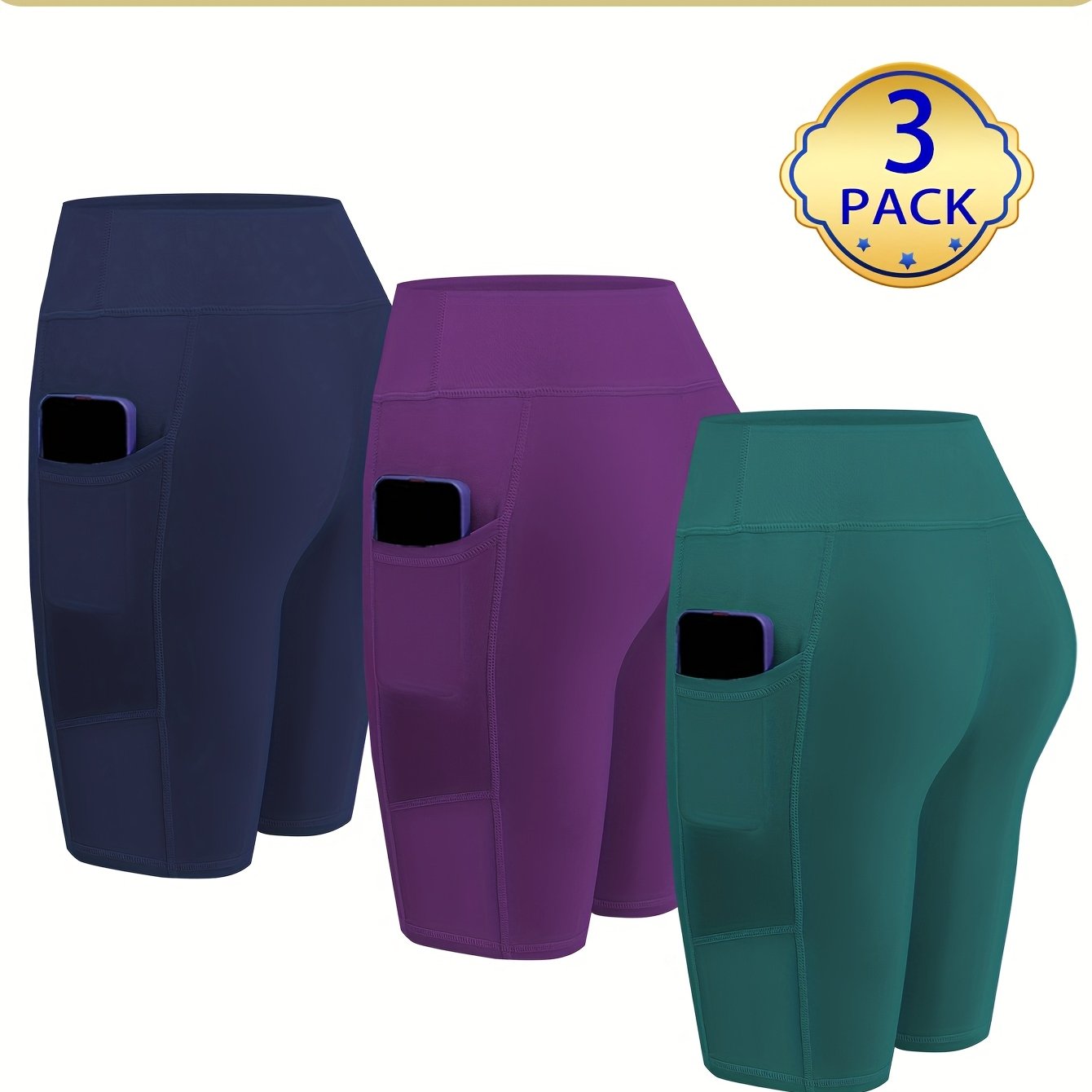 Womens 3pcs Biker Yoga Shorts with Pockets Short Leggings 8" Inseam Tummy Control High Waisted Spandex Athletic Running Workout Gym Shorts