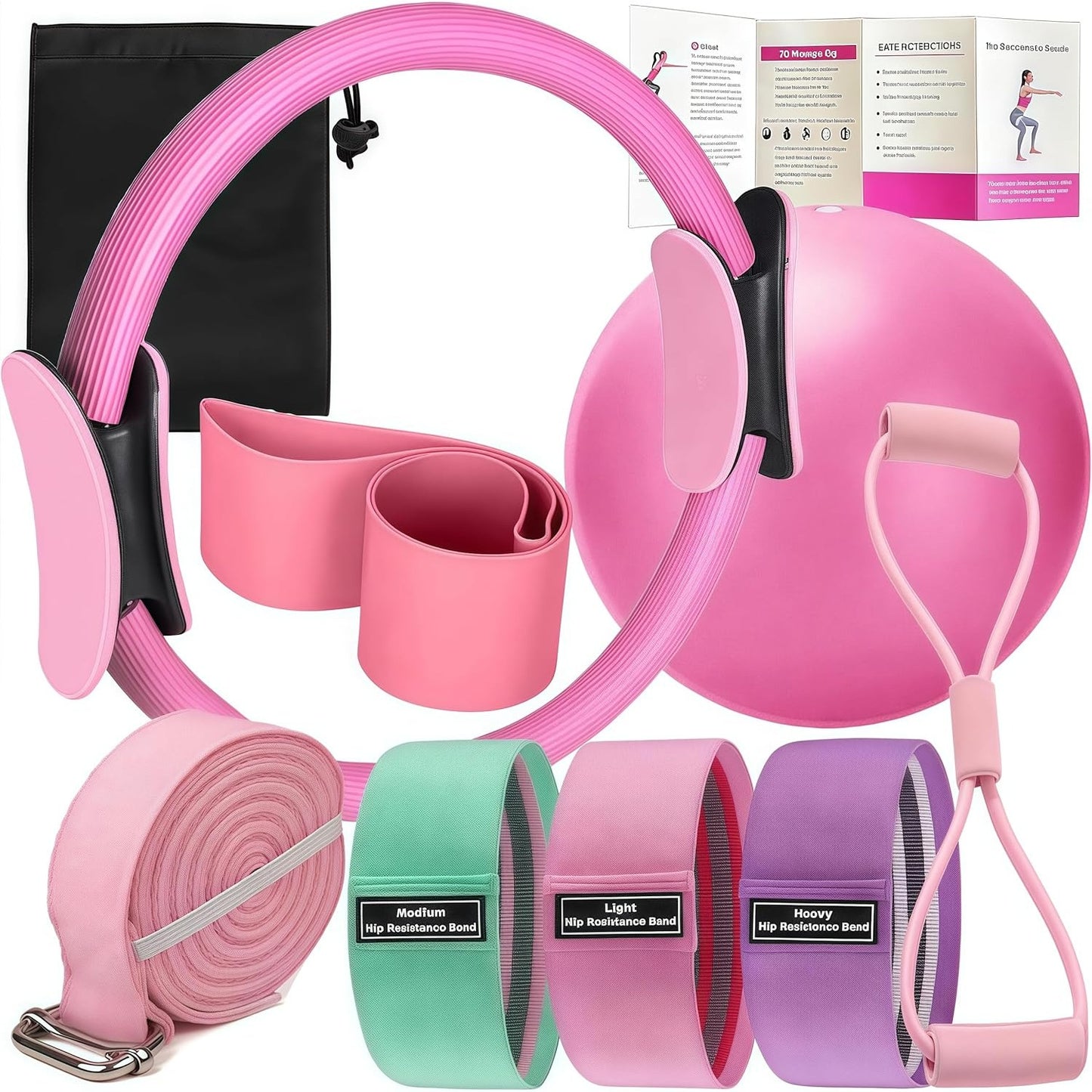 Pilates Set -Home Pilates Equipment for Women Kit with Circle Pilates Ring and Ball Set, Resistance Bands, Massage Balls, Exercise Bands for Toning, Flexibility Core Strength