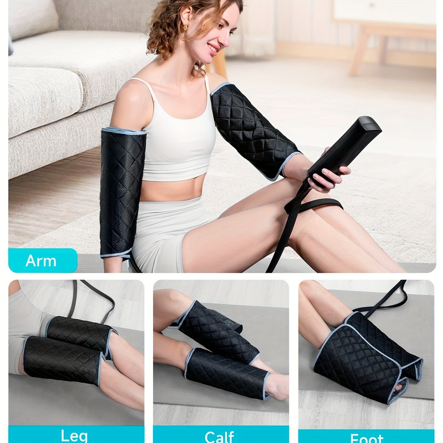 ALLJOY Leg Massager Designed to Enhance Circulation, Featuring Air Compression for The Calves with Six Different Modes, Two Heating Settings, And Three Vibration Options. It Includes Adjustable Wraps And an Automatic Shut-Off