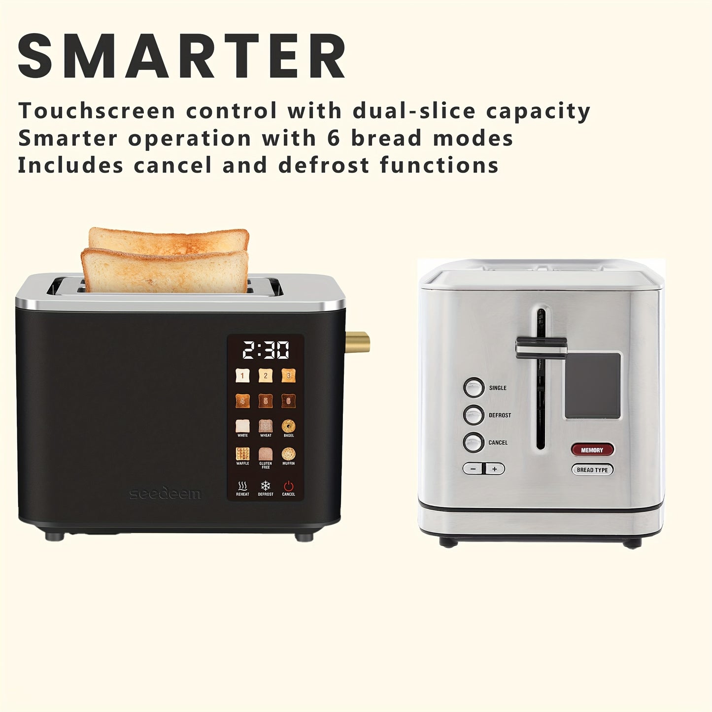 Touch Screen, Intelligent Stainless Steel 2pcs Toaster, 6 Tone Settings, 6 Bread Choices, Countdown, Unfreezing Cancellation And Other Functions, Movable Bread Crumb Tray, 900 Watts.