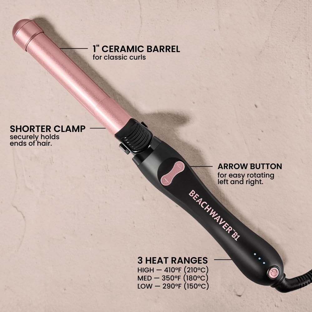 Beachwaver Co. B1 Rotating Curling Iron Midnight Rose (BW160) – Automatic 1" Ceramic Rotating Curling Iron with Short Beveled No-Kink Clamp, Bi-Directional Arrow Buttons, 3 Heat Settings 290°F/350°F/410°F, Even Heat for