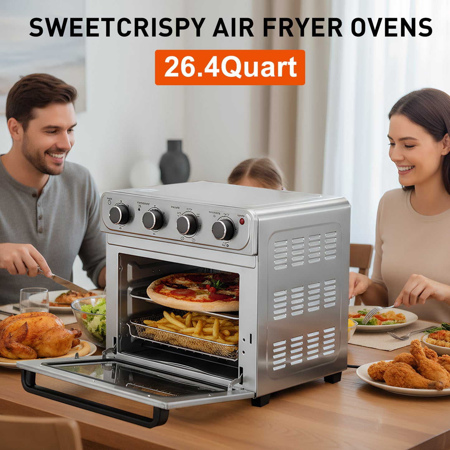 26.4QT Large Capacity Air Fryer Toaster Oven Combo - 4-in-1 Multifunctional Convection Countertop Oven with 4 Accessories, Stainless Steel, Up to 450°F