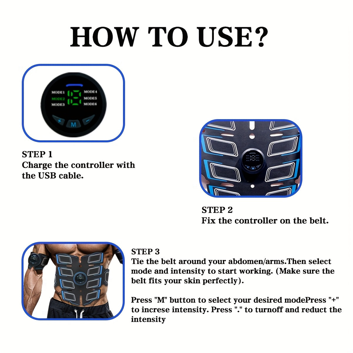 EMS abdominal muscle stimulator, 1 abdominal belt+2 arms+3 host+gel film, muscle auxiliary stimulator, suitable for arm/ abdomen/ thigh, USB charging massager, EMS electronic massage, multi-functional muscle stimulator, 6 mod
