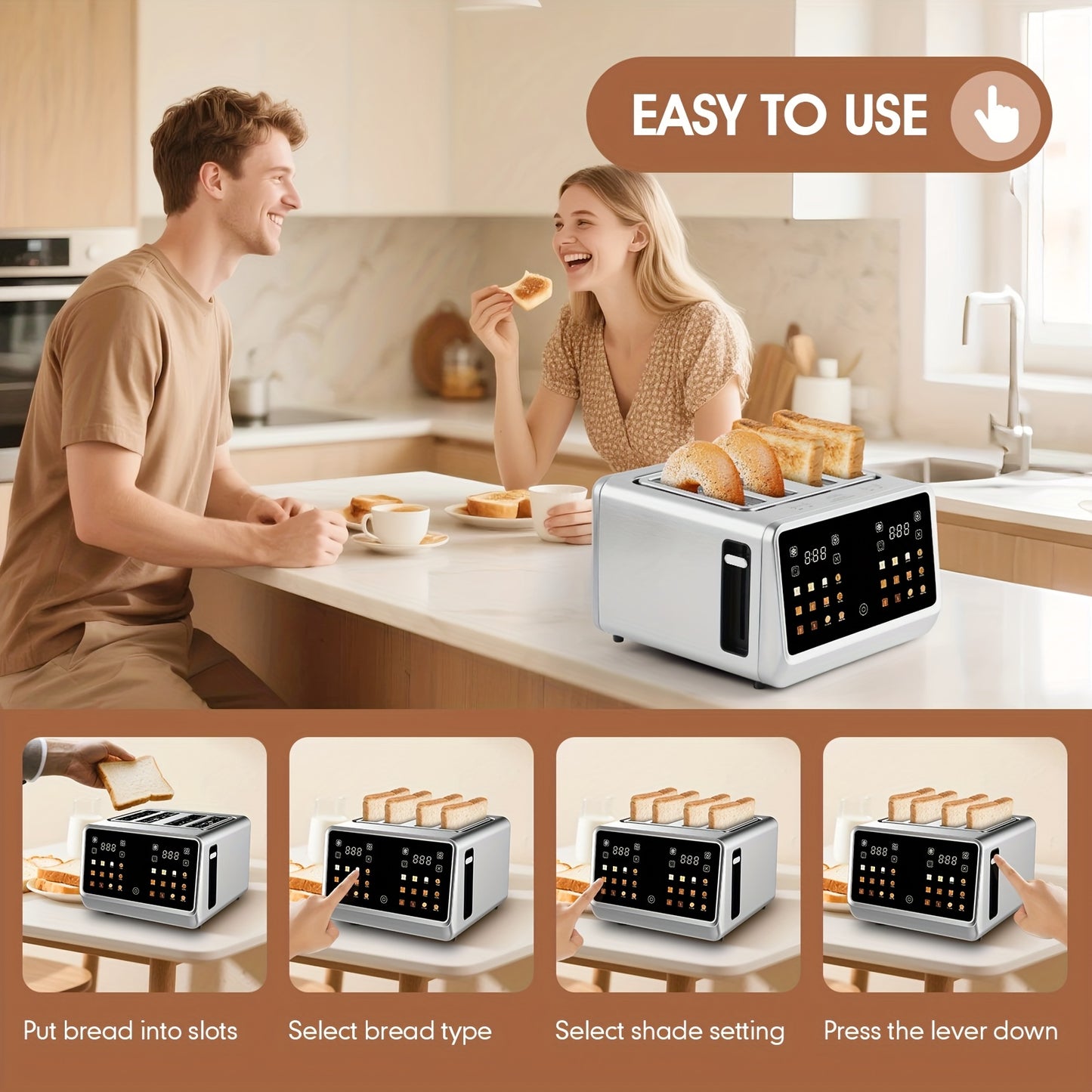 Toaster 4 Slice, Digital Smart Toaster with TouchScreen, Dual Control Panel, Single Slot Toasting, Timer, Reheat & Defrost for Bagels, Bread, Waffles, Stainless Steel Kitchen Essentials