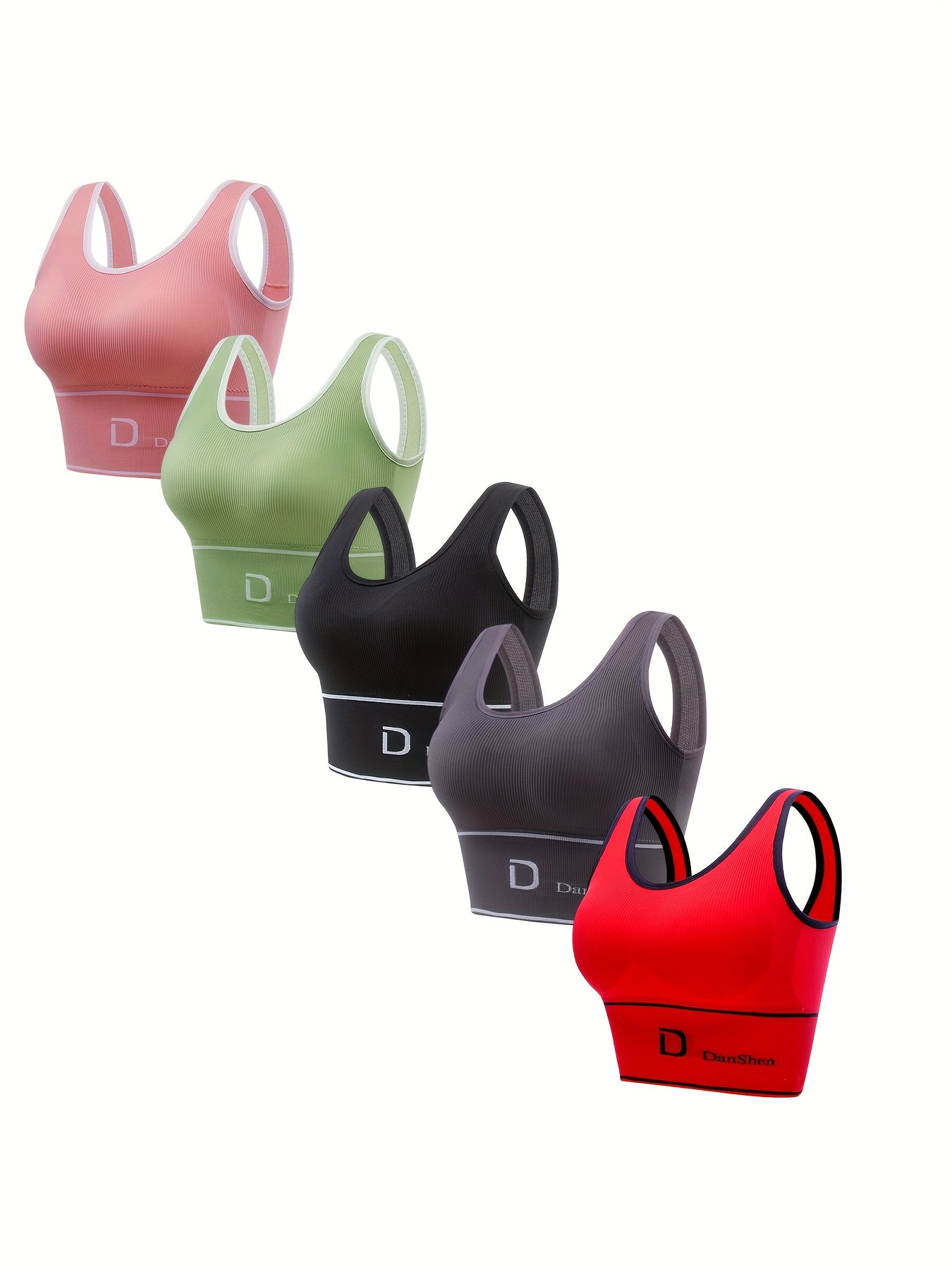 5pcs Sports Bras, Wireless, Full Coverage, High Elasticity, for Yoga and Running, Breathable Nylon Blend, Machine Washable, Various Colors, with Fashionable Prints