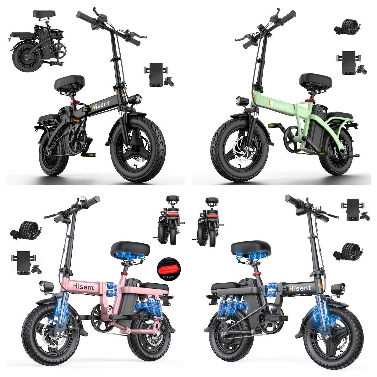 Hisent Foldable Electric Bike For Adults - Rated Power: 500W, Peak Power: 740W, Brushless Motor. Speed: 20MPH. Removable Battery: 48V 6Ah/10Ah/15Ah/17.5/20Ah. 14-inch High-quality Tires. Disc Brake + Front Suspension. LCD Scr