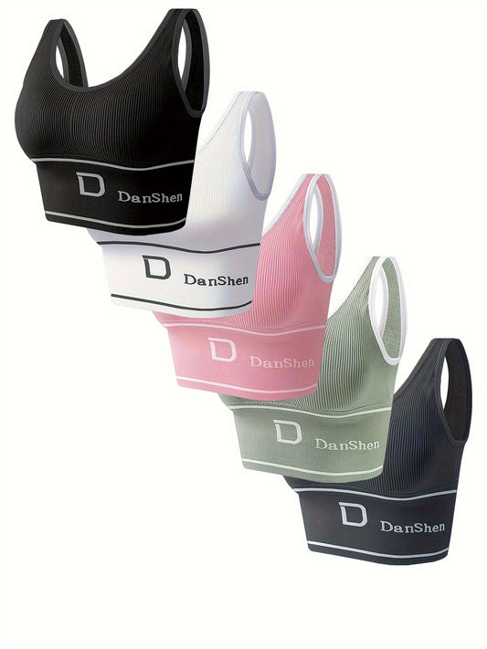 5pcs Sports Bras, Wireless, Full Coverage, High Elasticity, for Yoga and Running, Breathable Nylon Blend, Machine Washable, Various Colors, with Fashionable Prints