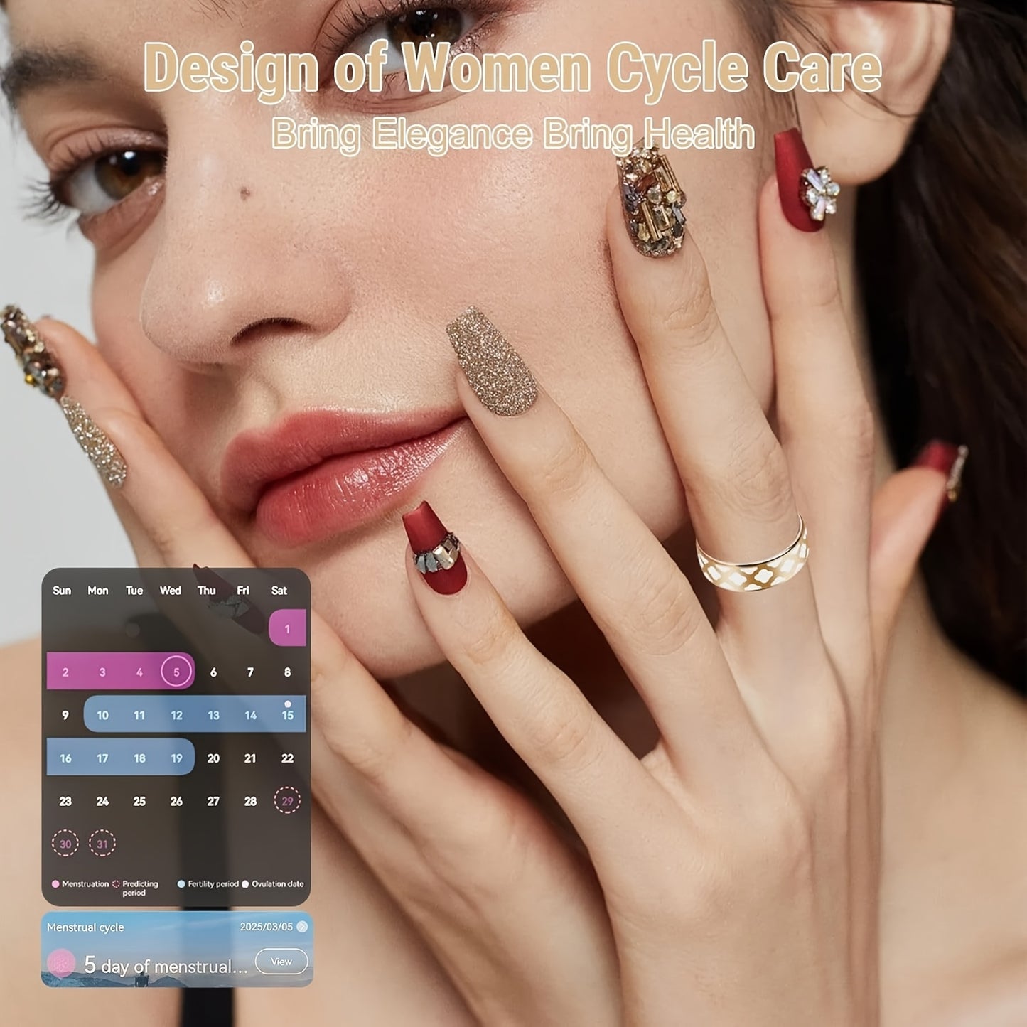 Ring Designed for Women, Featuring 5ATM Waterproof Capabilities, Tracks Activities, Stress Levels, Sleep Patterns, Menstrual Cycles, Steps Taken, Distance Traveled, And Calories Burned. This Health Tracker Is Compatible with