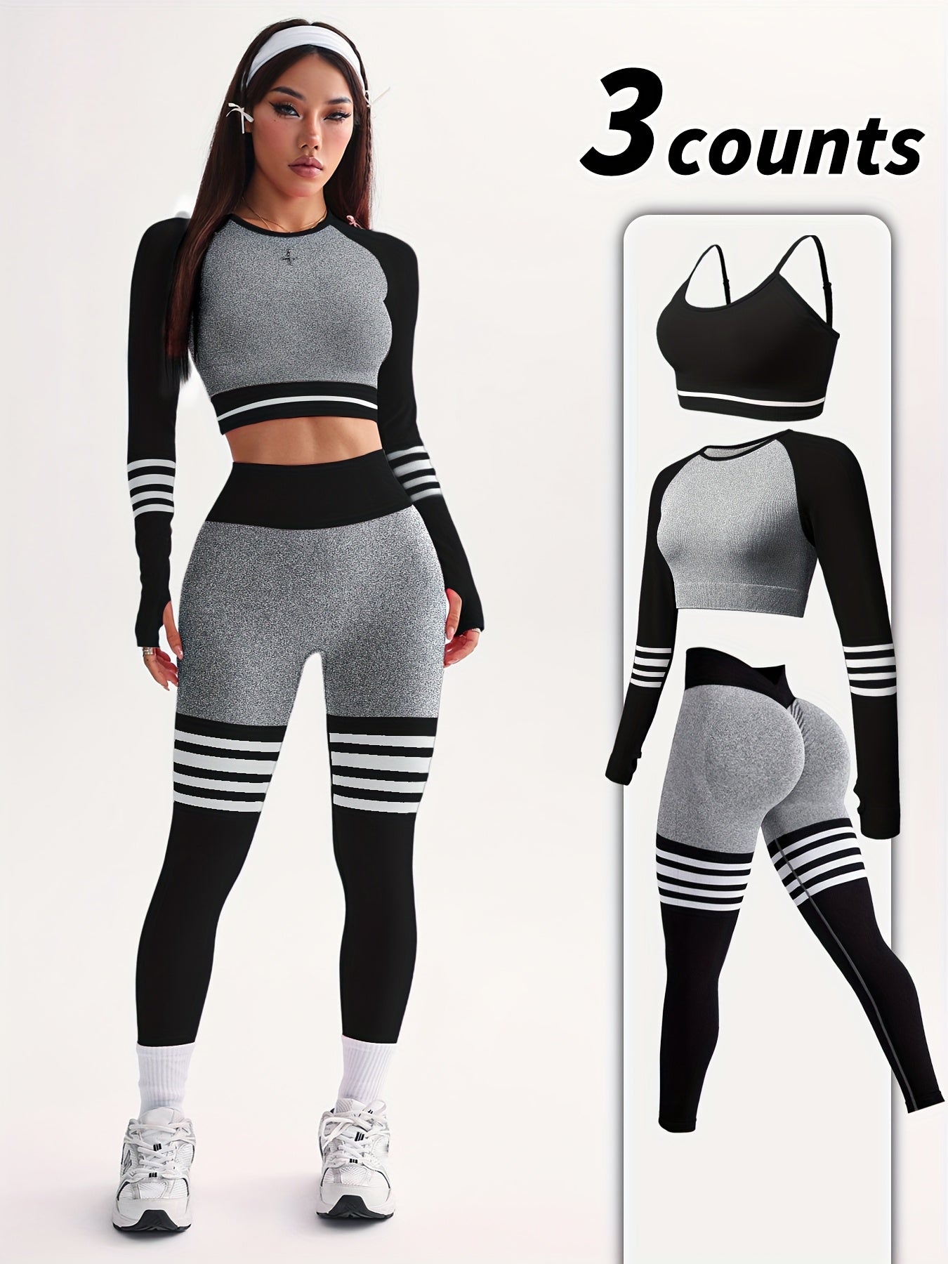3pcs Women's Full Athletic Set - Seamless Striped Quick-Dry Sports Bra, Tight-Fitting Long Sleeve Gym Pants with Moai Panel Technology | High-Elasticity Moisture-Wicking Fabric for Running, Gymnastics, Training Outfit (All-Se