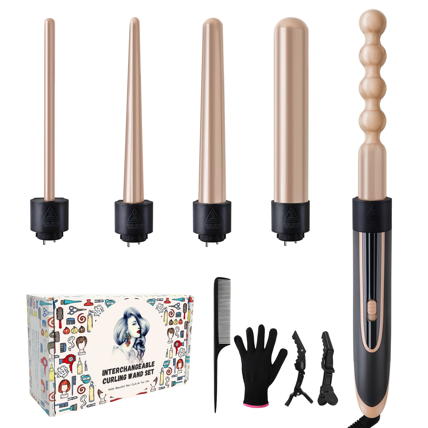 Hair Curling Wand 5in 1 Hair Curlers Iron Set 0.4" - 1.25" with 5 Ceramic Interchangeable Barrel for Long Short Hair Styling Tool for Women Gifts Birthday Christmas Thanksgiving Day New Year Festival Hairstylist Essentials St