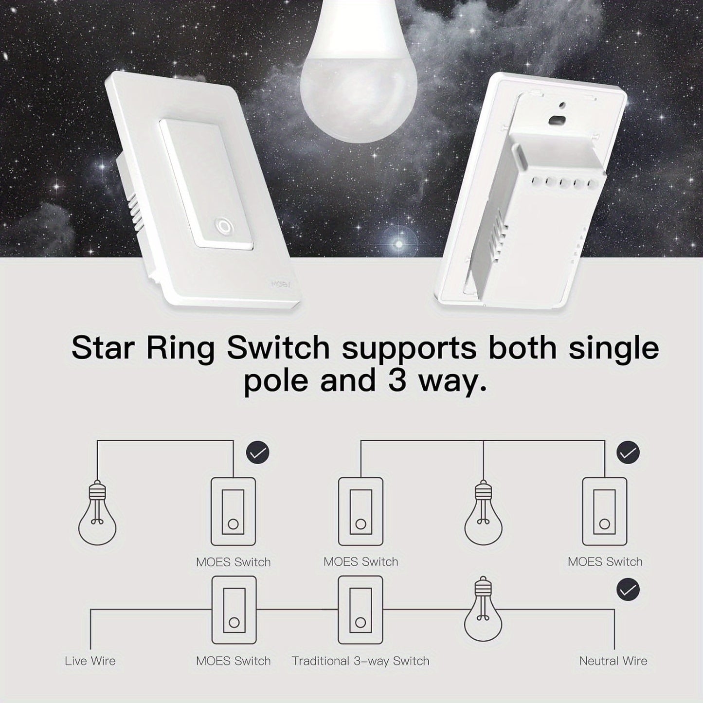 MOES Smart Light Switch 2.4GHz WiFi, 3-Way, Alexa/Google