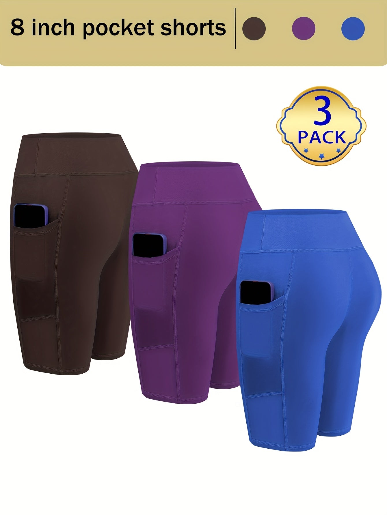 Womens 3pcs Biker Yoga Shorts with Pockets Short Leggings 8" Inseam Tummy Control High Waisted Spandex Athletic Running Workout Gym Shorts