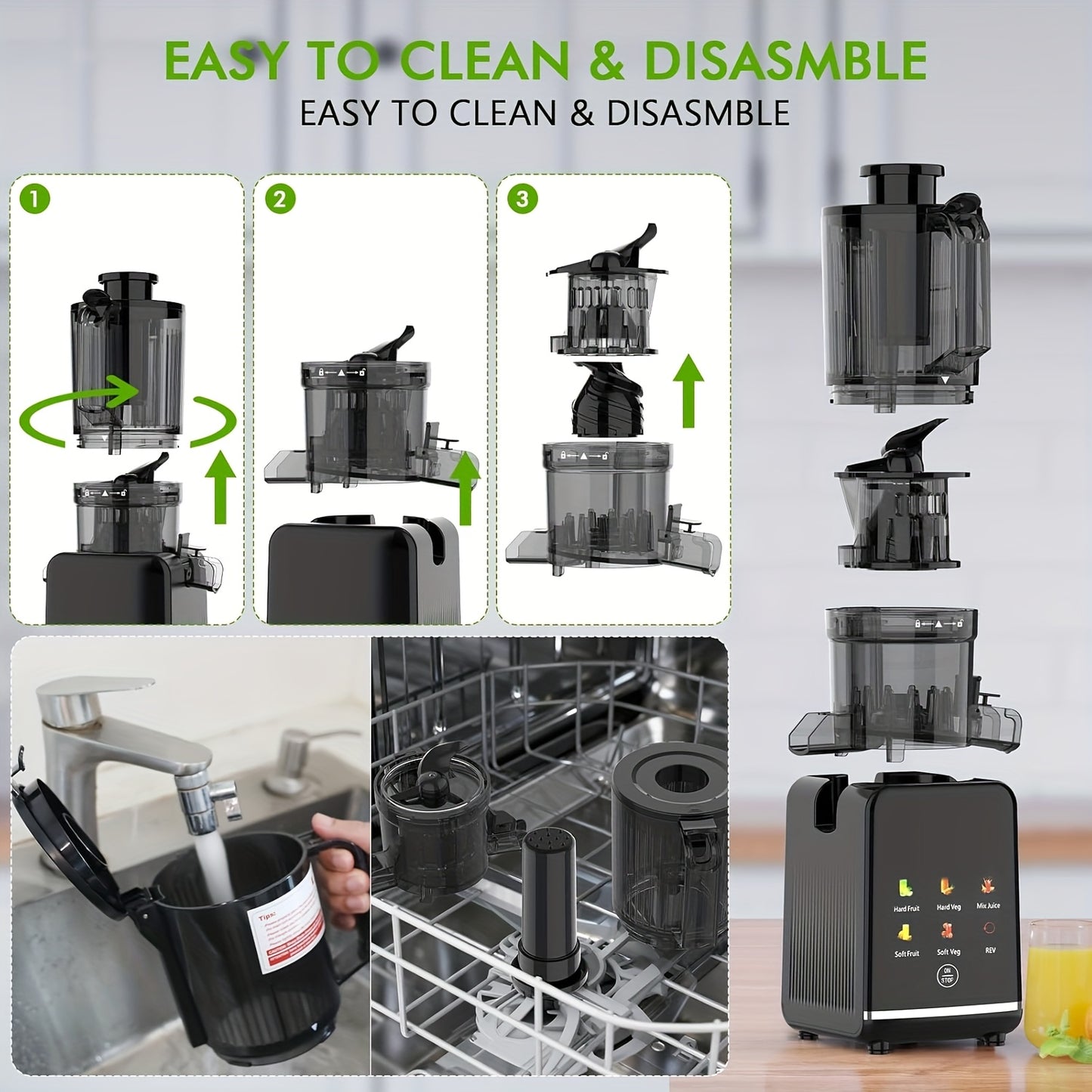 Cold Press Juicer, Large Feed Chute Juice High Juice Yield with Slow Masticating Juicer for Whole Vegetables & Fruits, Easy Assemble & Cleaning