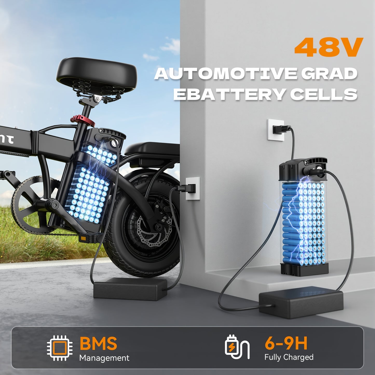 Hisent Foldable Electric Bike For Adults - Rated Power: 500W, Peak Power: 740W, Brushless Motor. Speed: 20MPH. Removable Battery: 48V 6Ah/10Ah/15Ah/17.5/20Ah. 14-inch High-quality Tires. Disc Brake + Front Suspension. LCD Scr