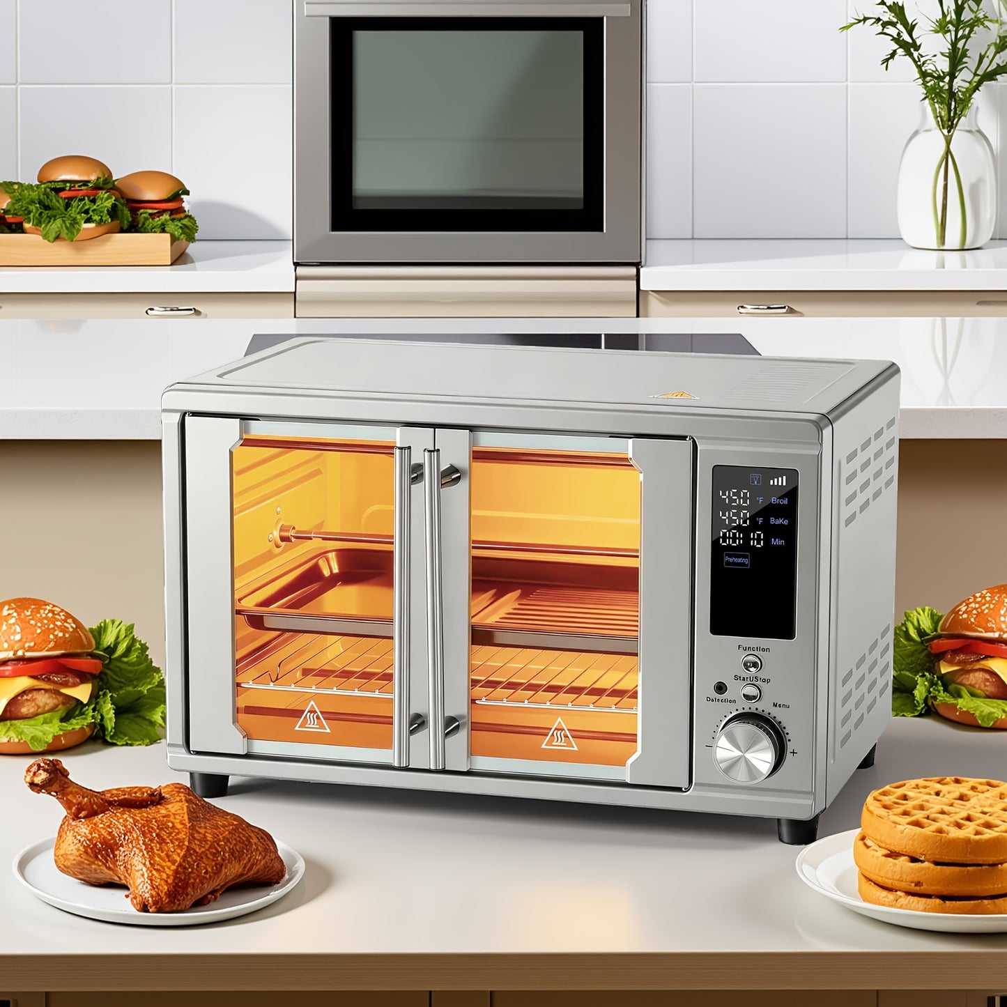 Air Fryer Toaster Oven Combo, Large/ Extra Large Countertop Convection Oven, 450°F, Stainless Steel, Includes 4/7 Accessories (Rotisserie, Tray, Rack, Pan)