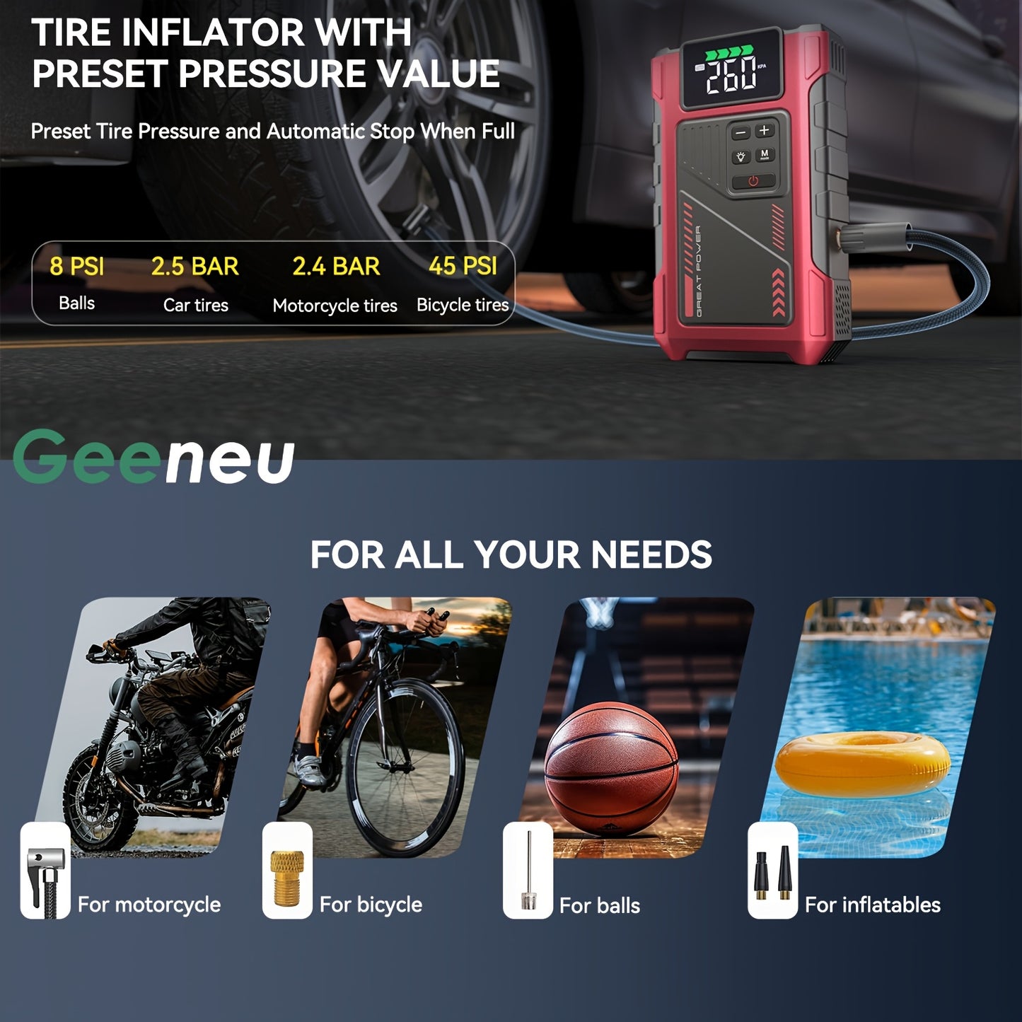 5000A Portable Wireless Car Air Compressor Jump Starter with Air Compressor, Battery Jump Starter Portable Peak, Car Battery Charger Portable For12V(8.0LGas/1.72gal Diesel) Start The Car Quickly, USB Input/output, LED Emergen