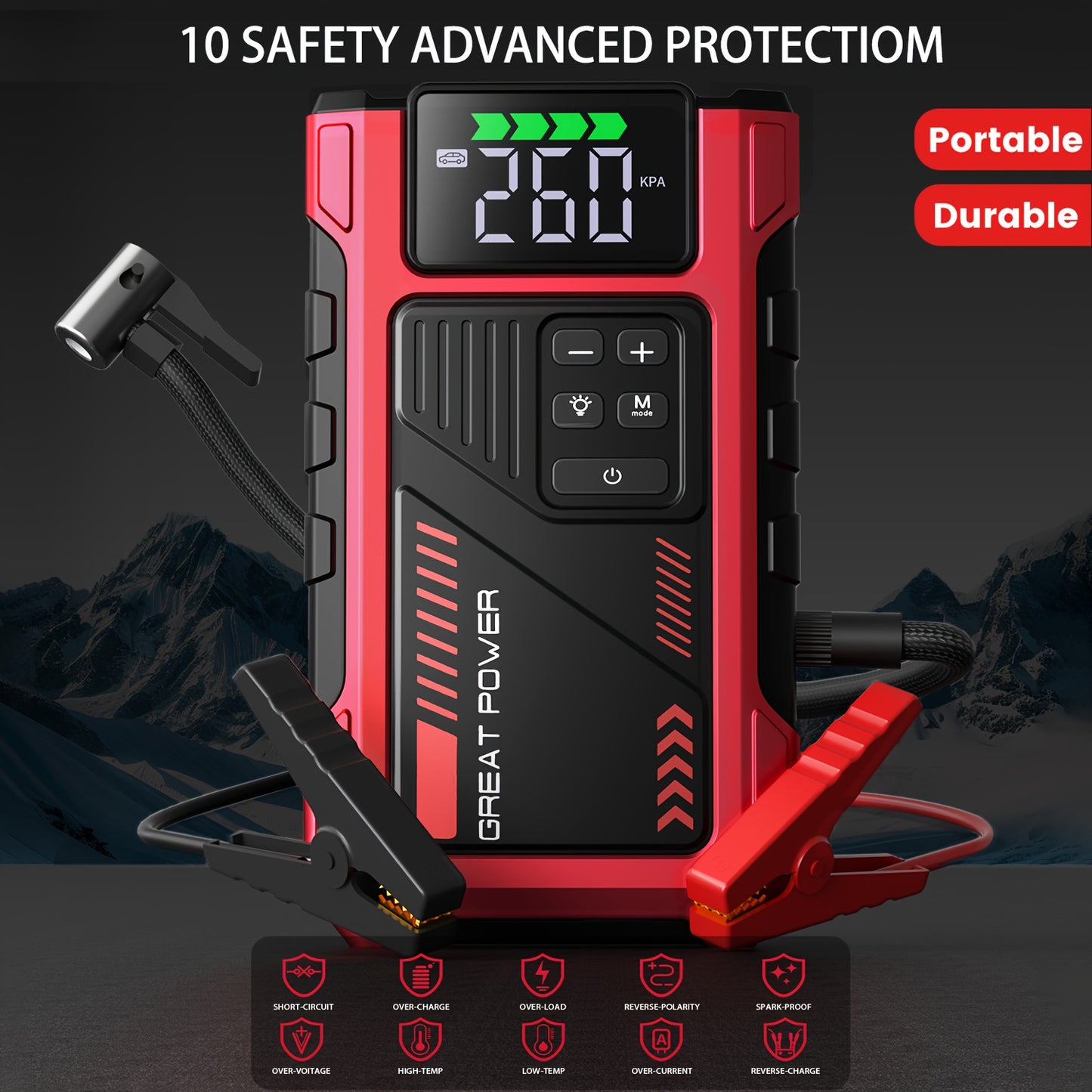 5000A Portable Wireless Car Air Compressor Jump Starter with Air Compressor, Battery Jump Starter Portable Peak, Car Battery Charger Portable For12V(8.0LGas/1.72gal Diesel) Start The Car Quickly, USB Input/output, LED Emergen