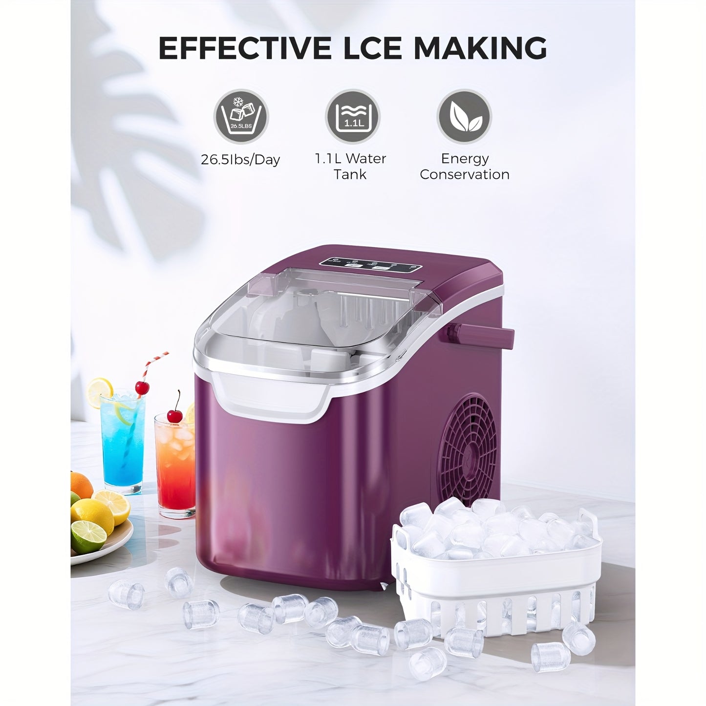[Fast Ice Maker] Fast 6-Minute Ice Making, Compact Countertop Ice Maker Machine | Produces 26 lbs/24H, with Scoop, Basket & Self-Cleaning, Portable Design with Handle, Ideal for Home, Parties, RV, Camping, Kitchen - Energy-Ef