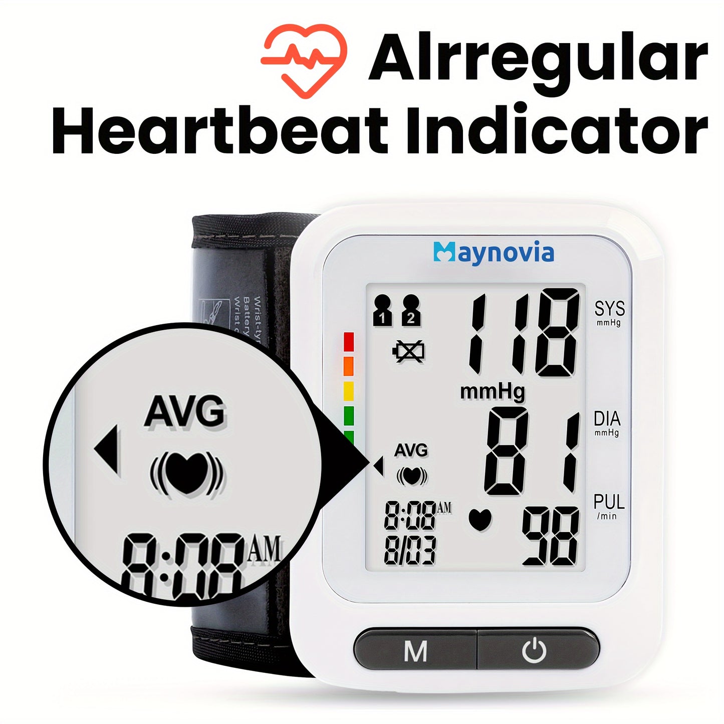 Maynovia Automatic Wrist Cuff Blood Pressure Monitors Large LED Display Hypertension Detector For Home Support 2 Users 120x2 Reading Memory With Carrying Box